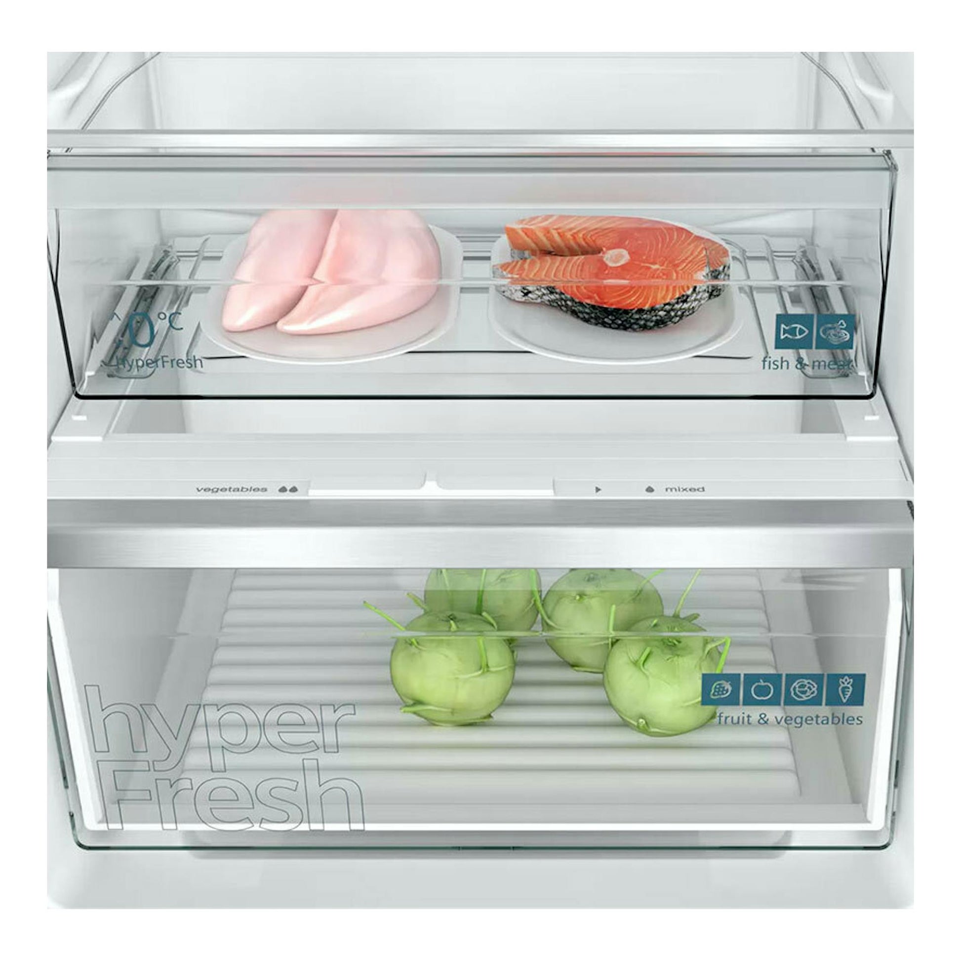 Interior de frigorífico integrable Siemens KI86NHFE0, con cajones transparentes y alimentos.