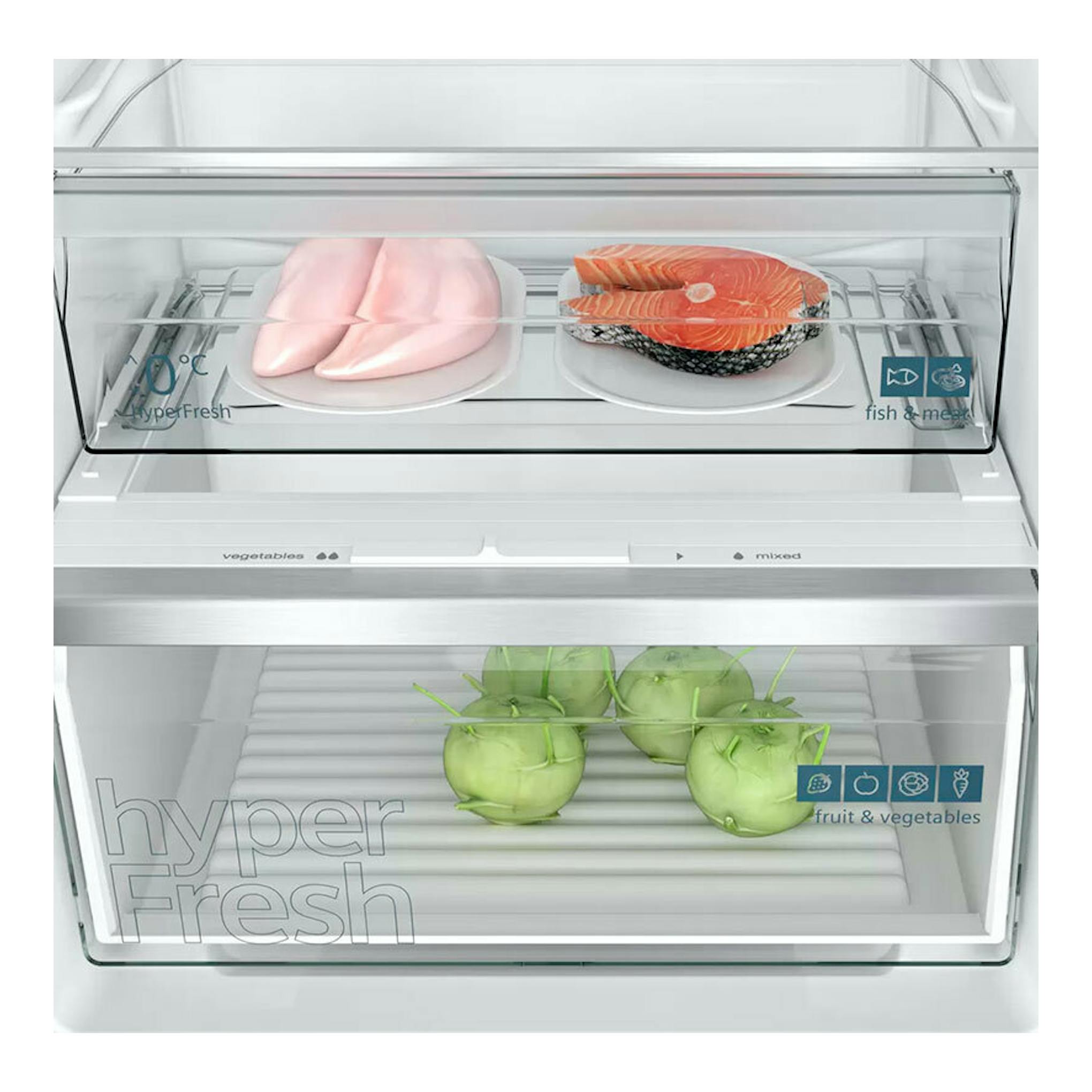 Interior de frigorífico integrable Siemens KI86NHFE0, con cajones transparentes y alimentos.