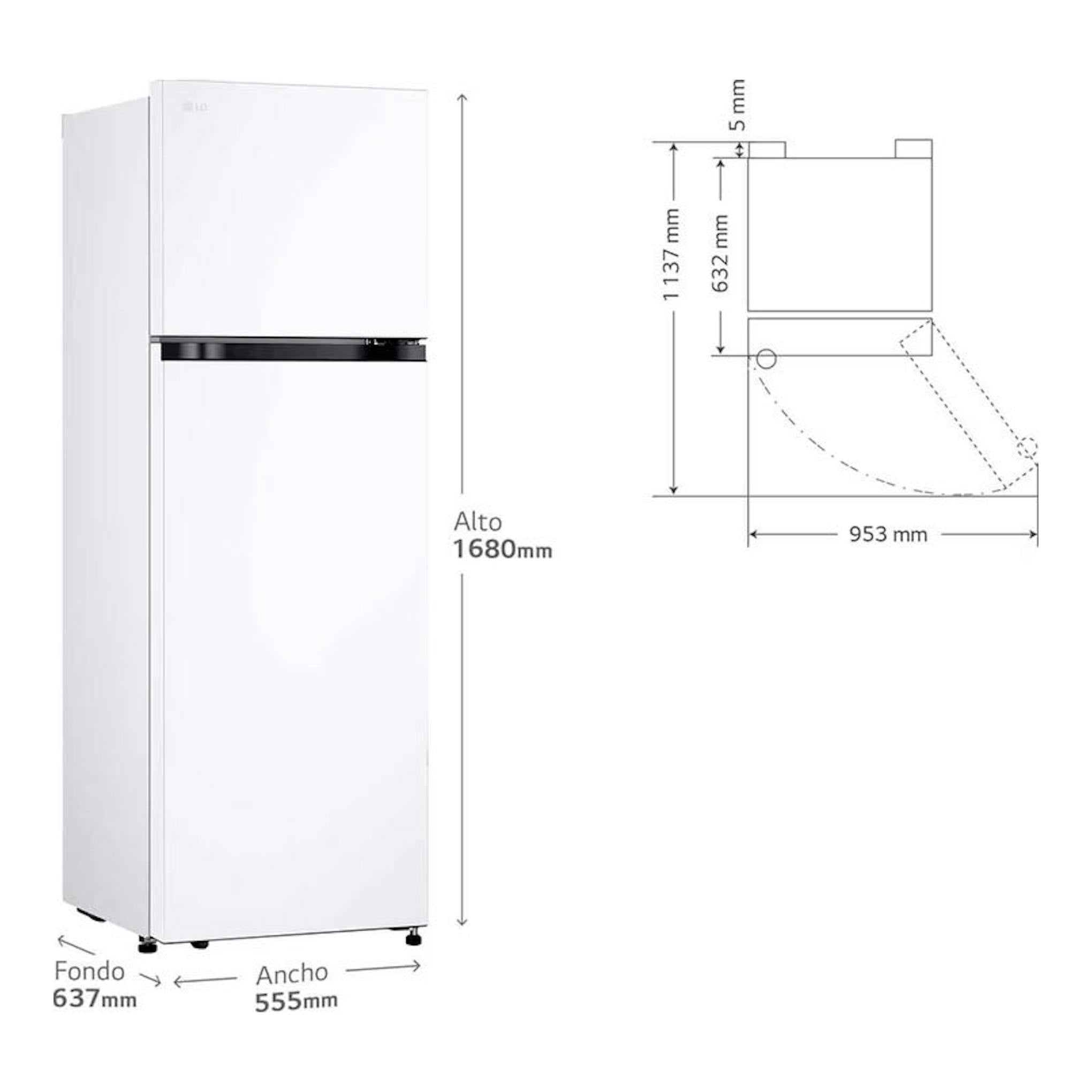Frigorífico LG GTBV20SWZJD blanco de 2 puertas, vista frontal, con medidas y esquema lateral.