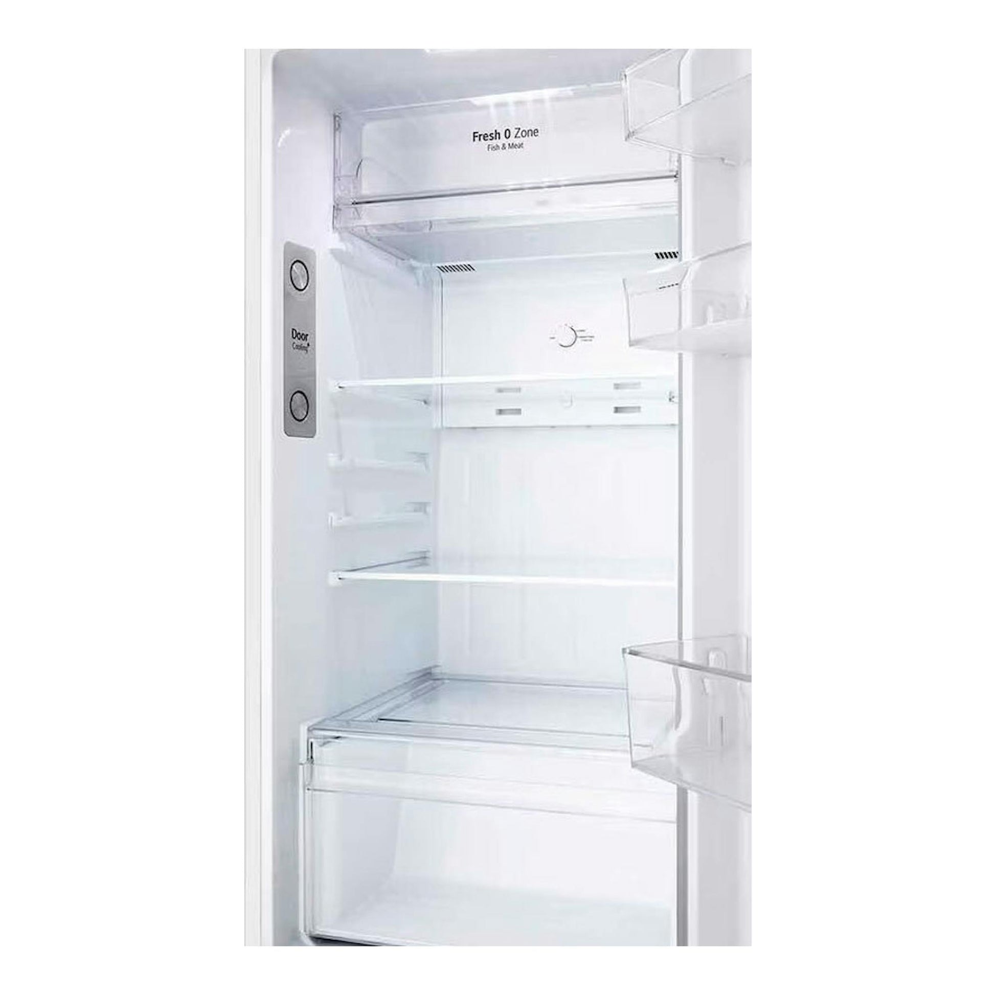 Interior de frigorífico LG GTBV20SWZJD blanco, vista frontal con la puerta abierta y estantes vacíos.