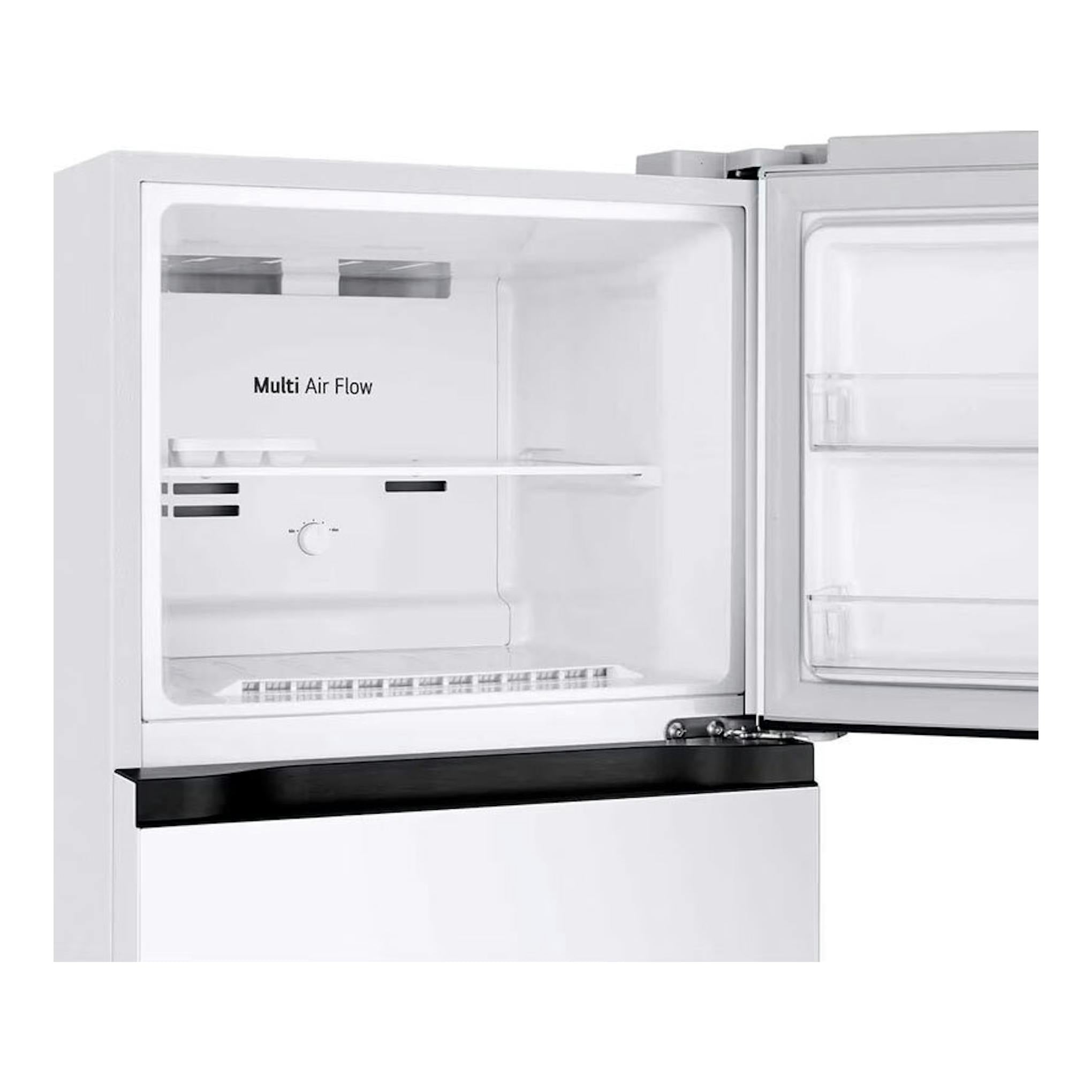 Frigorífico LG GTBV20SWZJD blanco, vista frontal, con la puerta derecha abierta y el interior visible.