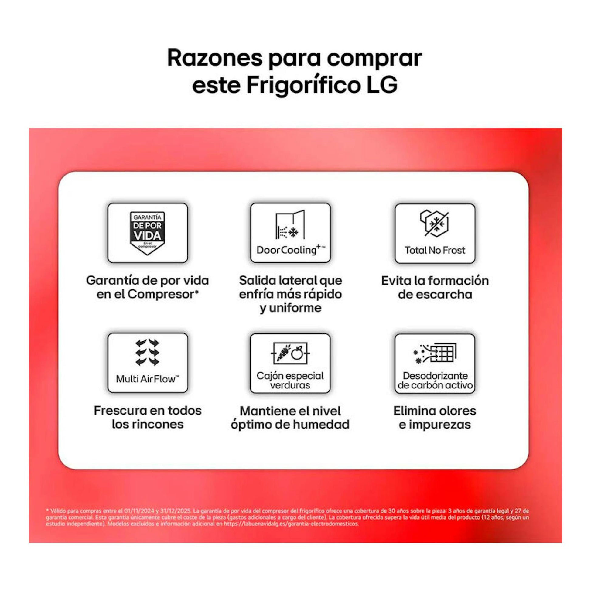 Gráfico promocional del frigorífico LG GTBV20SWZJD blanco con iconos de garantía, No Frost y Multi Air Flow.