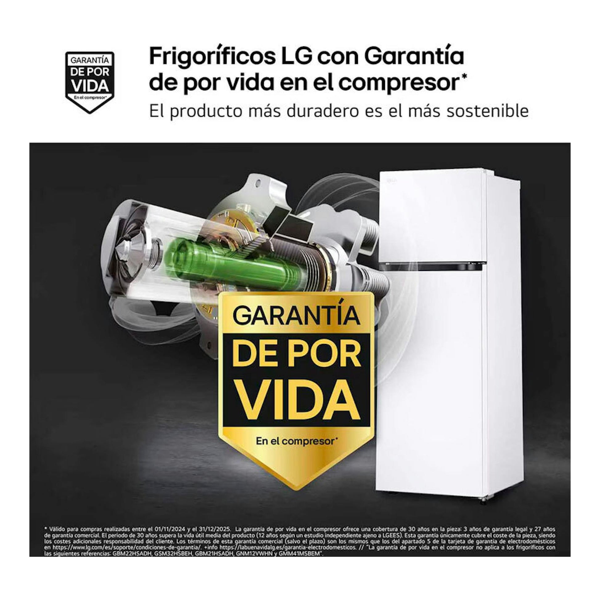 Frigorífico LG GTBV20SWZJD blanco, vista frontal, junto a ilustración de compresor y sello de garantía.