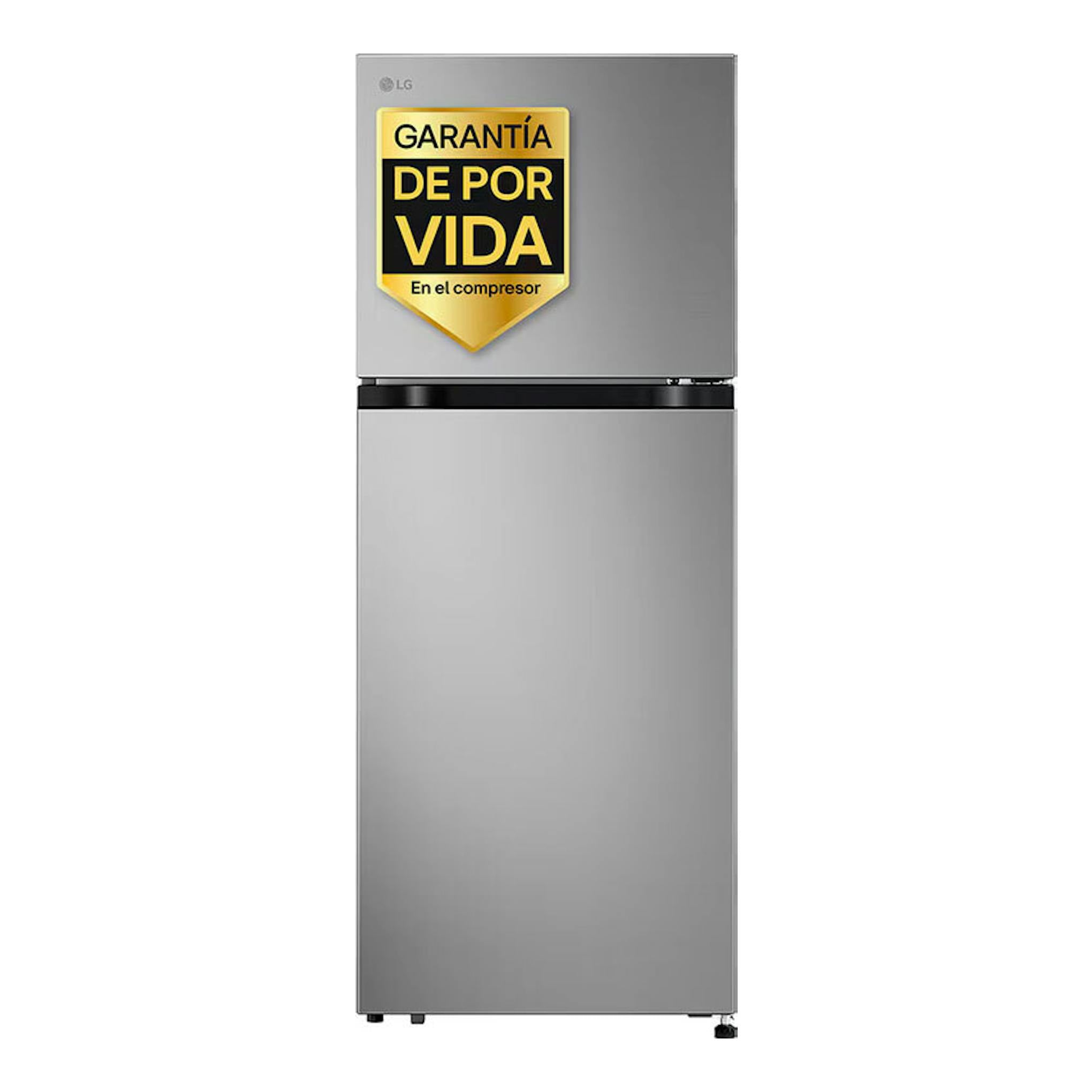 Frigorífico LG GTBV22PYNJ inox, vista frontal, dos puertas, con congelador superior y adhesivo de garantía.