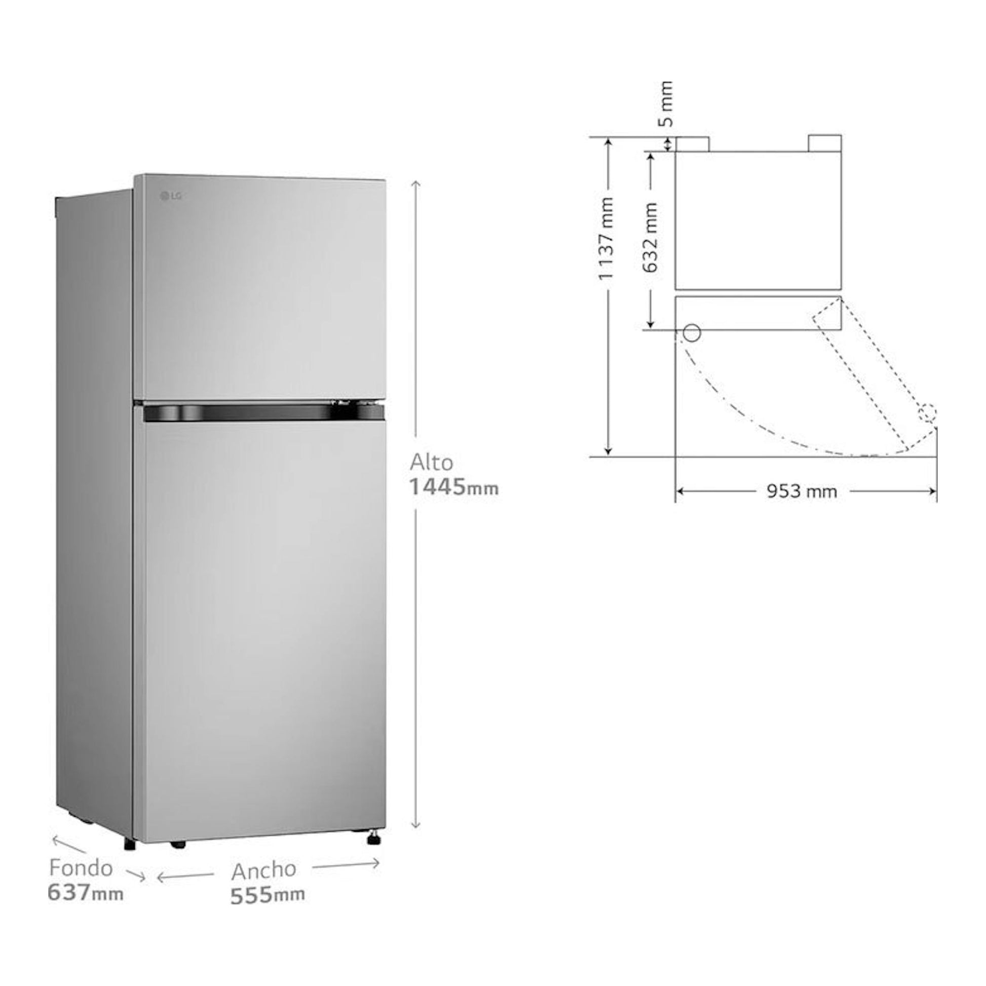 Frigorífico LG GTBV22PYNJ inox, vista frontal con medidas y esquema de apertura de dos puertas.
