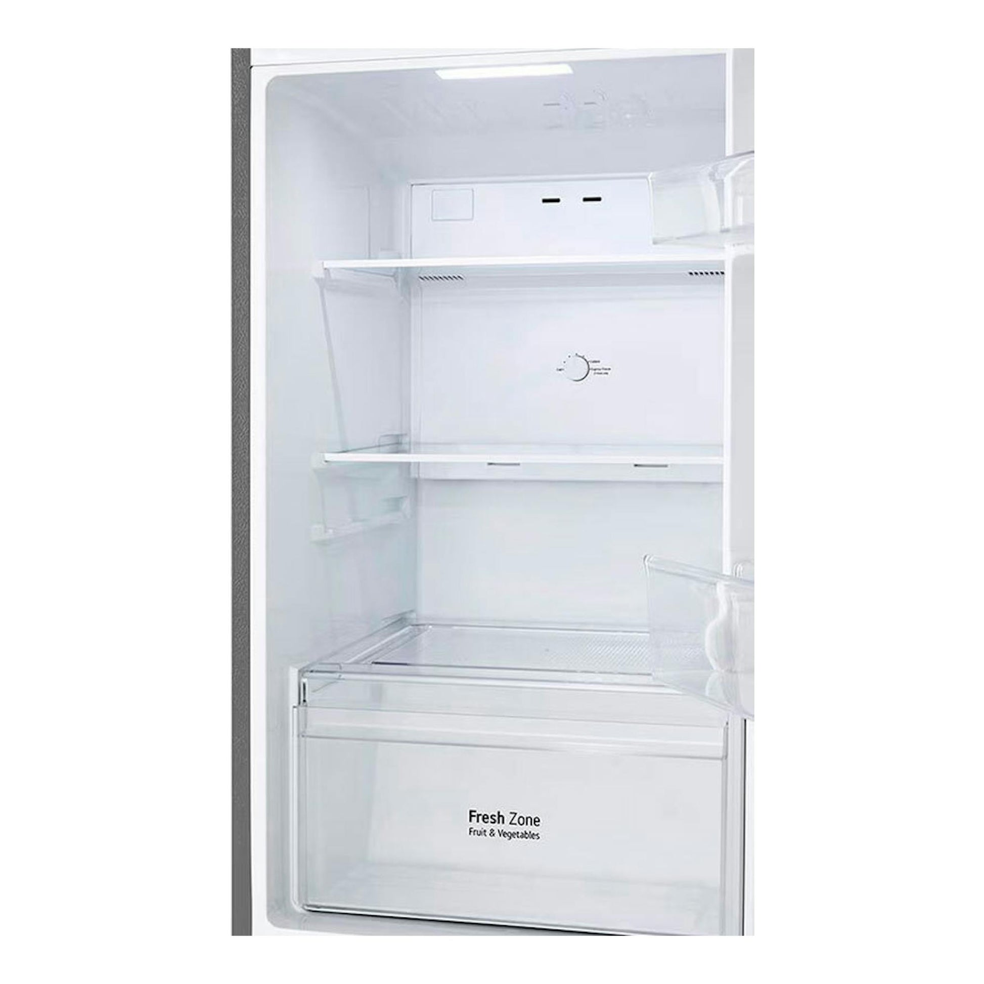 Interior de frigorífico LG GTBV22PYNJ en inox, con puerta abierta, estantes y cajón Fresh Zone, vista frontal.