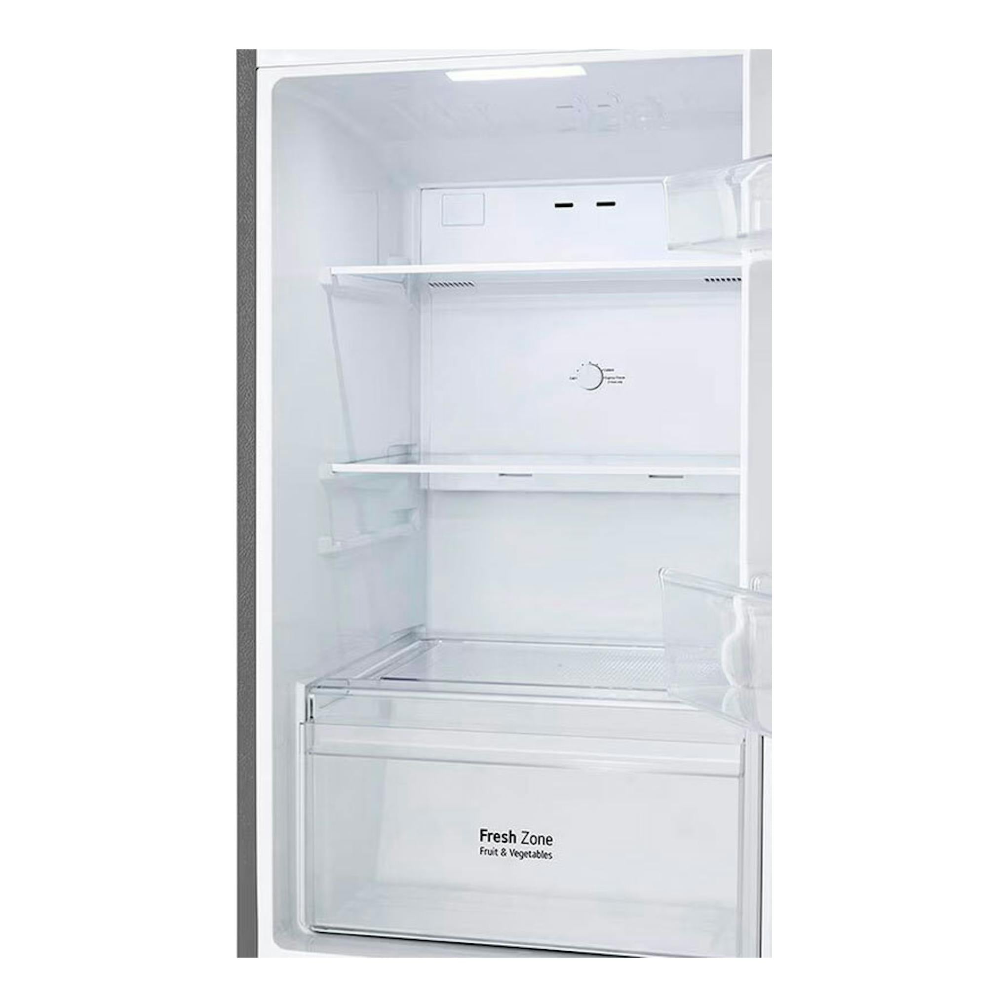 Interior de frigorífico LG GTBV22PYNJ en inox, con puerta abierta, estantes y cajón Fresh Zone, vista frontal.