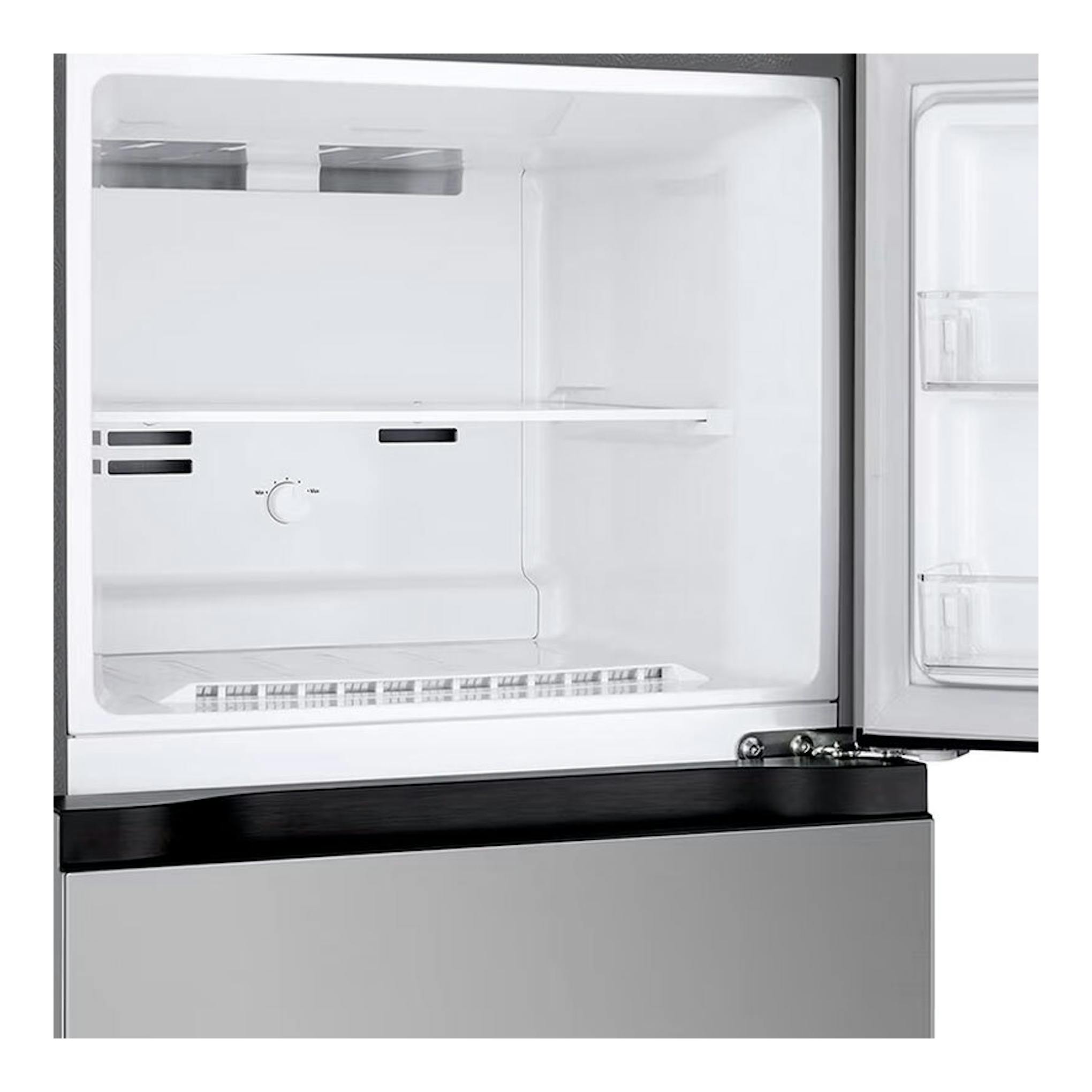 Frigorífico LG GTBV22PYNJ inox, vista frontal con puertas abiertas e interior blanco visible.