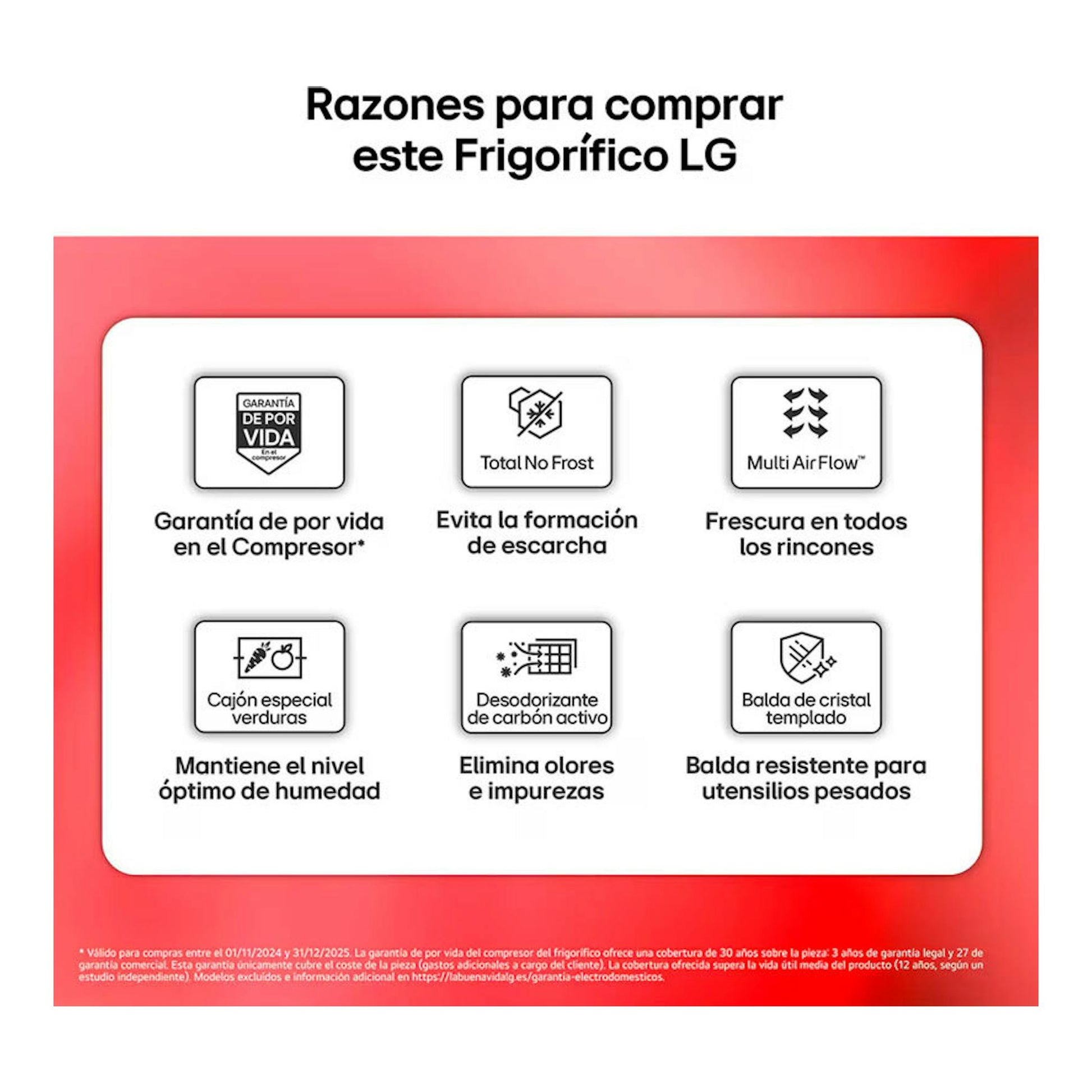 Infografía de frigorífico LG GTBV22PYNJ inox con iconos de No Frost, Multi Air Flow y cajón de verduras.