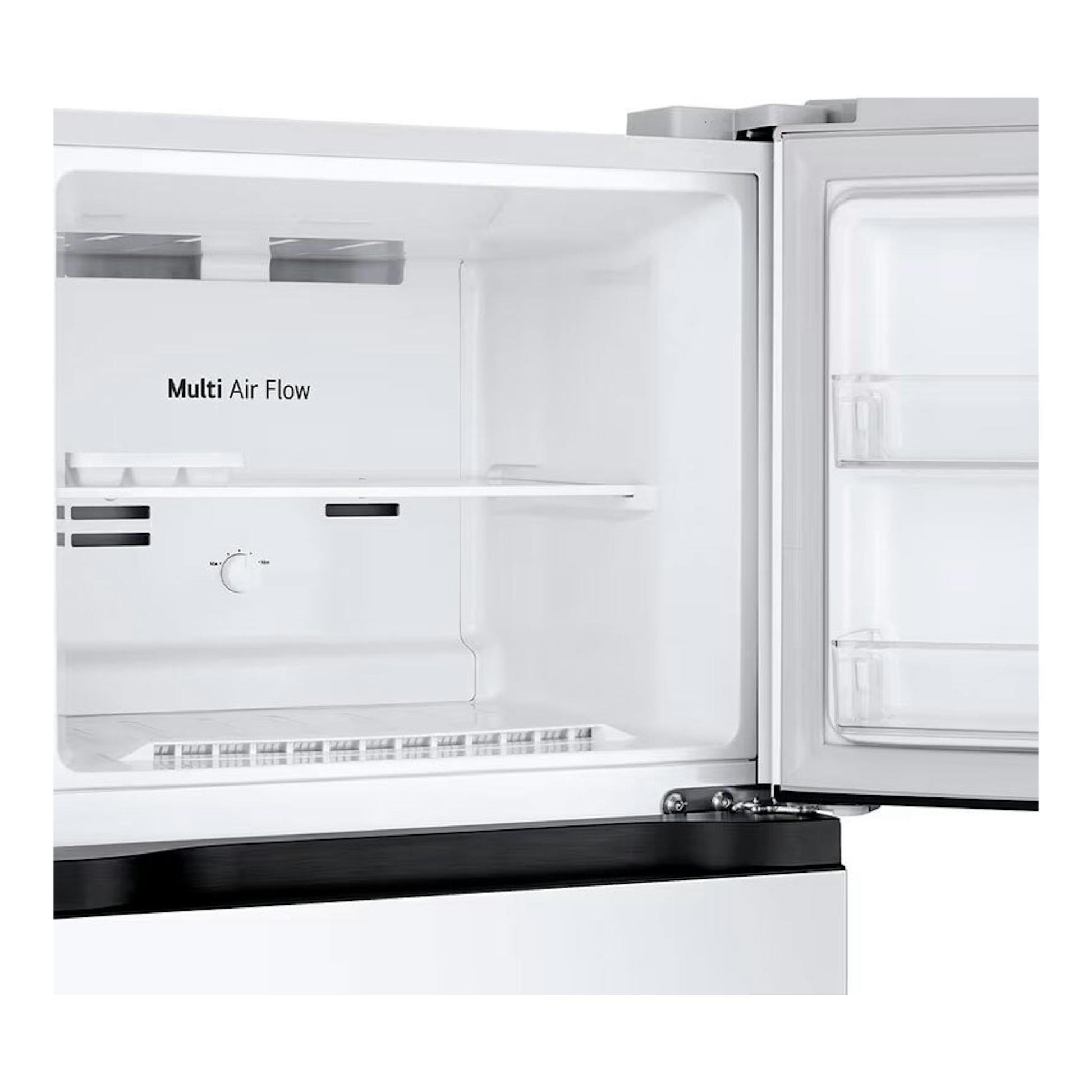 Frigorífico LG GTBV22SWNJ blanco, vista frontal con puerta abierta e interior vacío.