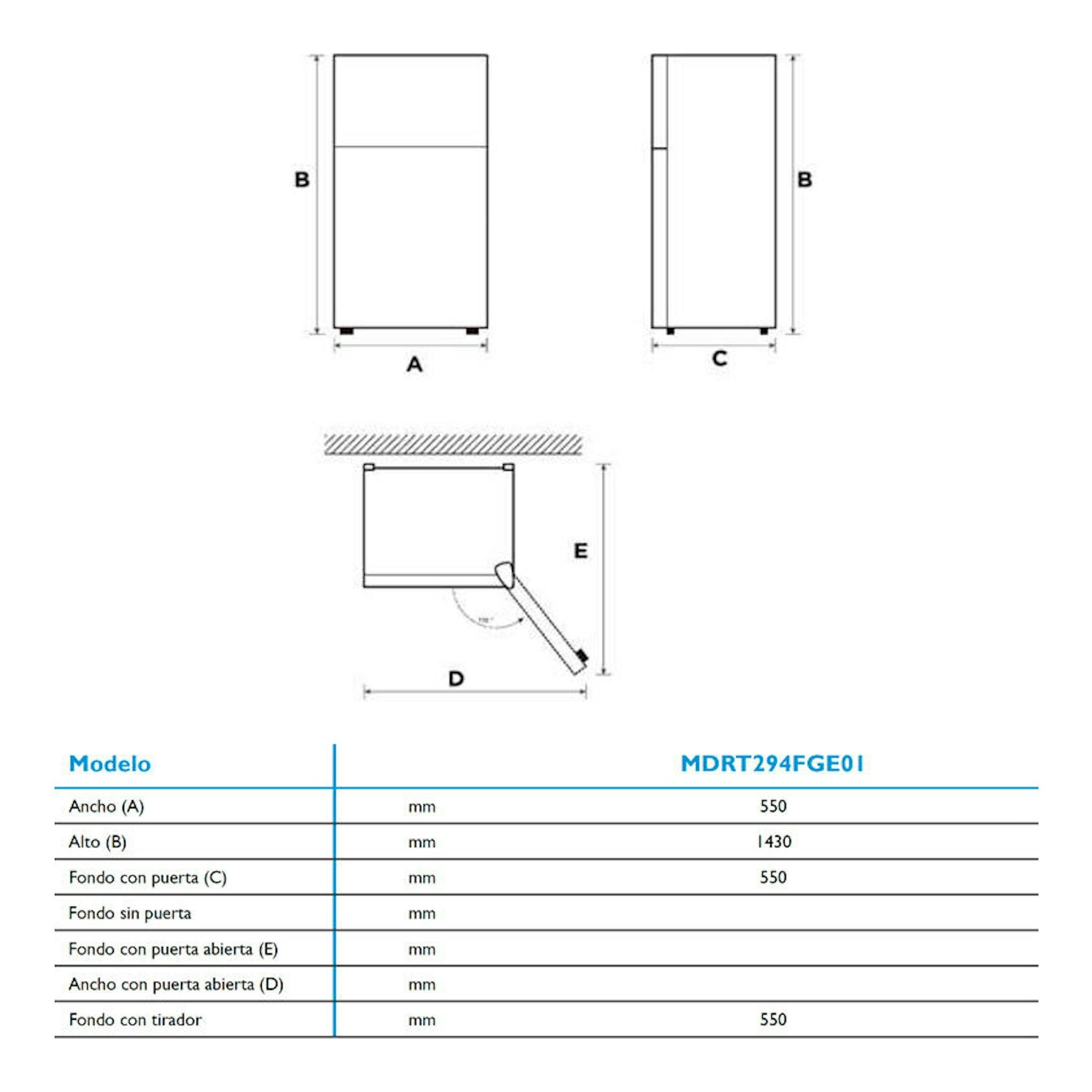 Diagrama de dimensiones del frigorífico Midea MDRT294FGE01 blanco, vista frontal, lateral y apertura de puerta.