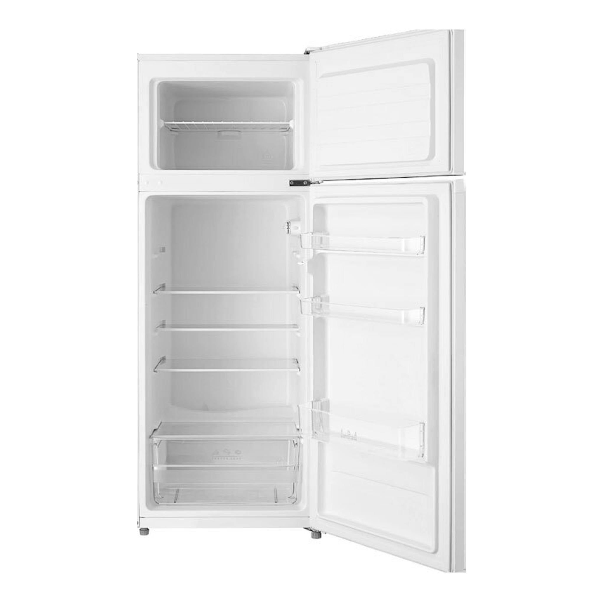 Frigorífico Midea MDRT294FGE01 blanco, vista frontal de 2 puertas abiertas con estantes y cajón visibles.