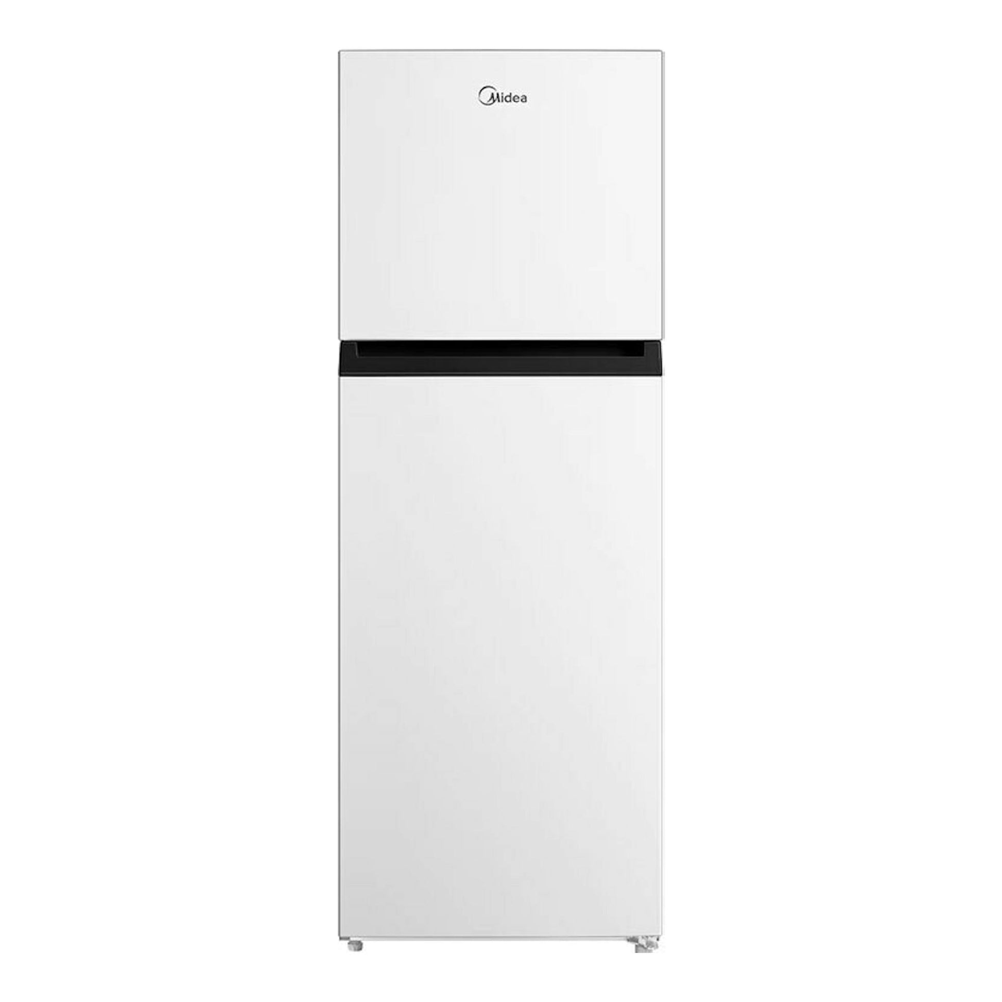 Frigorífico Midea MDRT489MTE01E blanco, vista frontal de dos puertas con congelador superior.