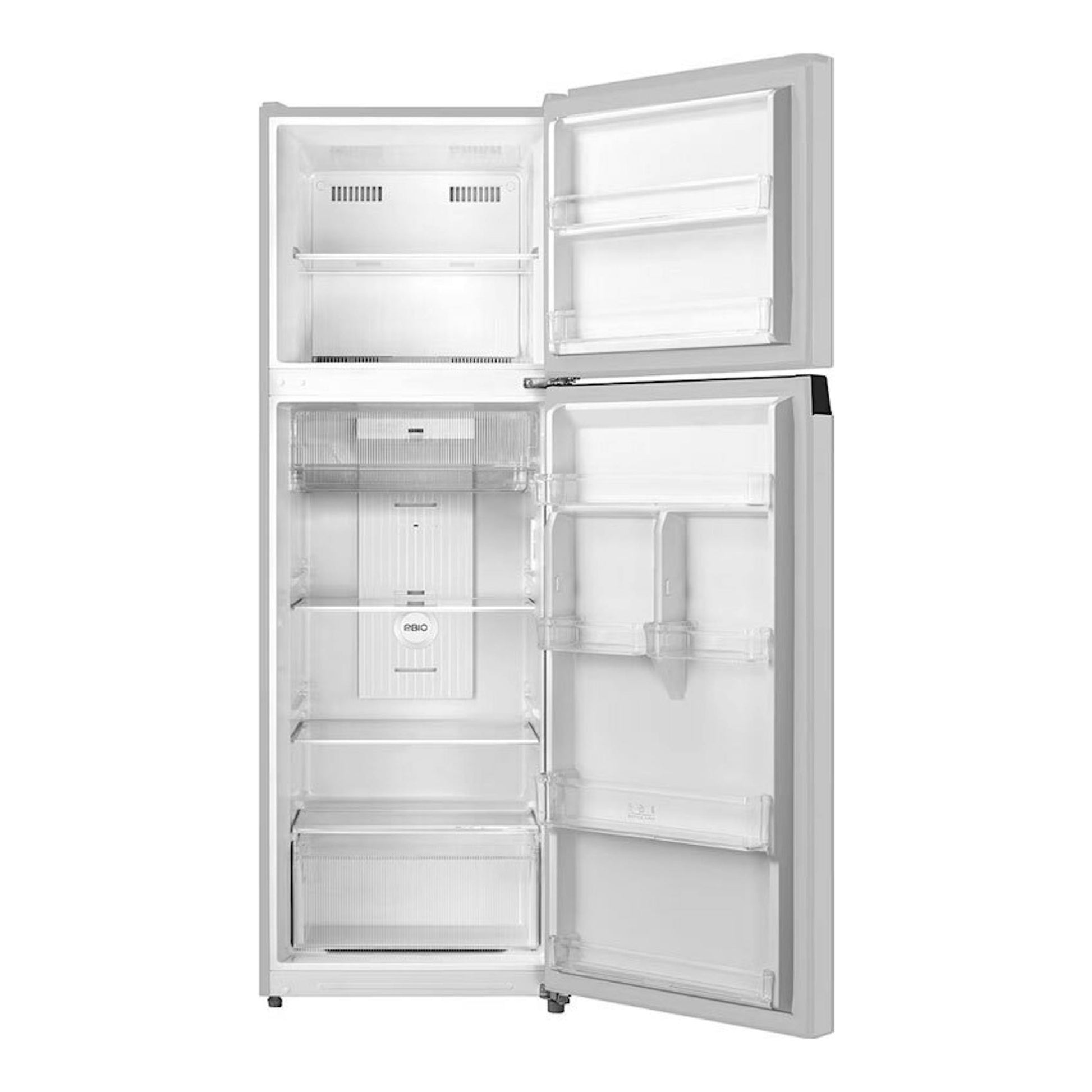Frigorífico Midea MDRT489MTE01E blanco, vista frontal con dos puertas abiertas y compartimentos interiores visibles.