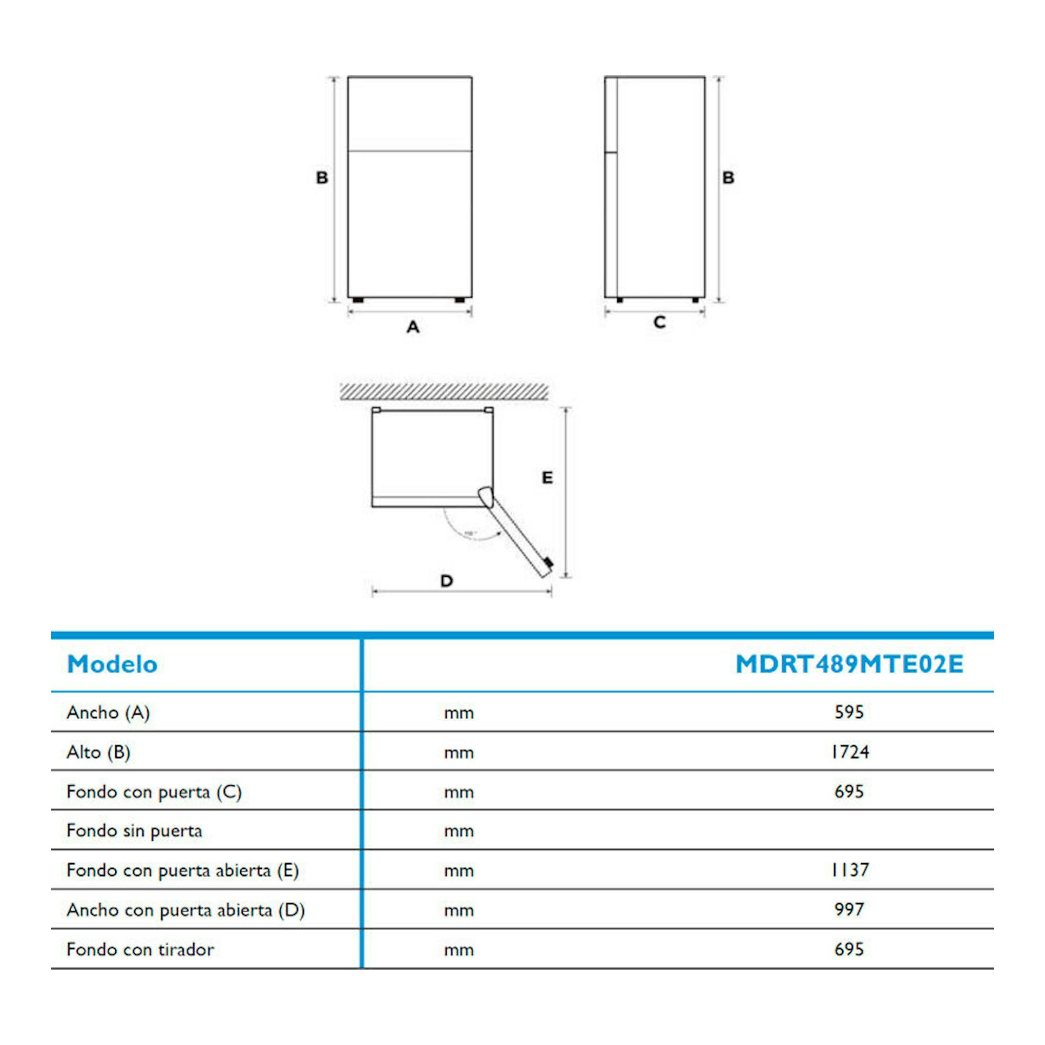 Esquema técnico frontal, lateral y de puerta abierta del frigorífico Midea MDRT489MTE02E inox.