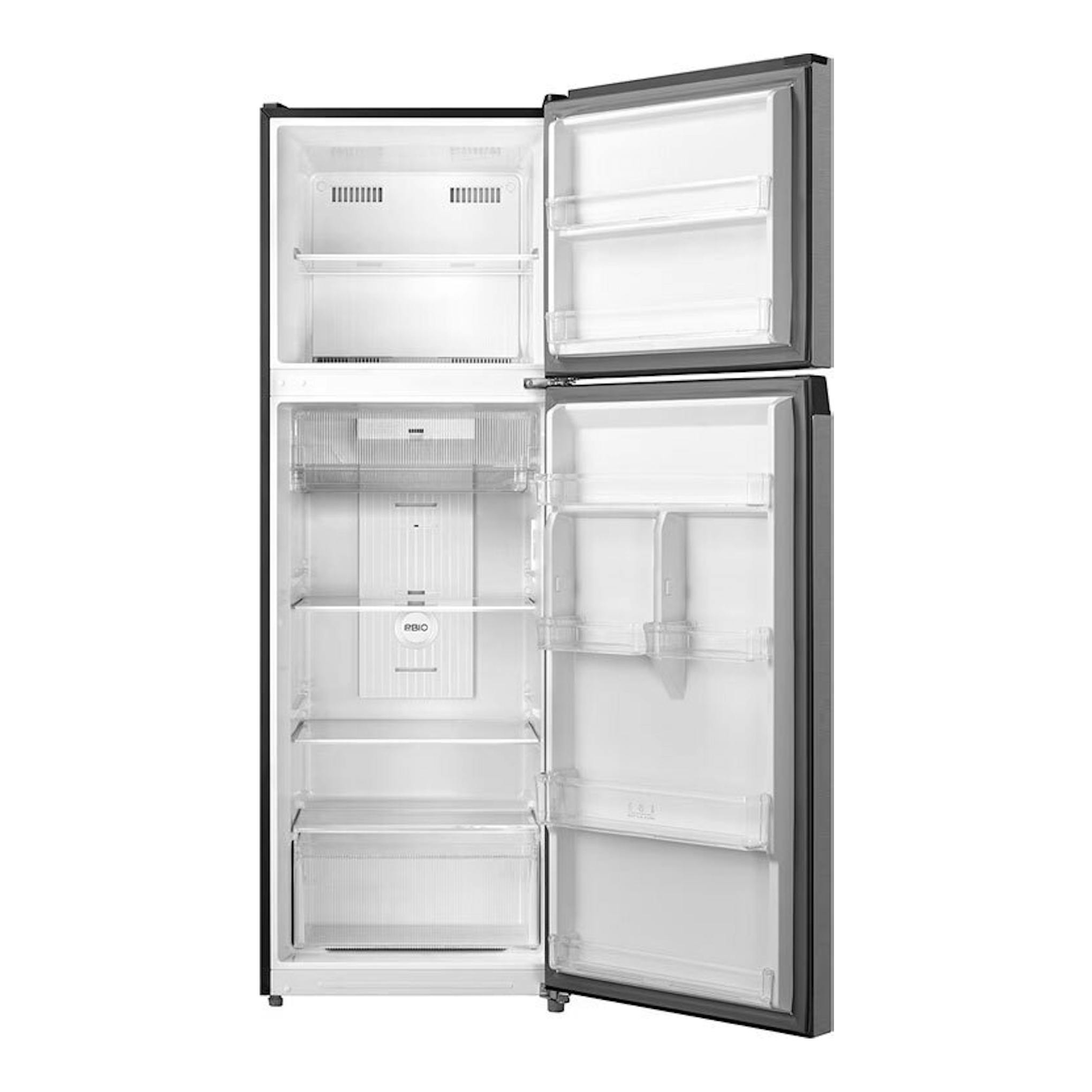 Frigorífico Midea MDRT489MTE02E inox, vista frontal con puertas abiertas.