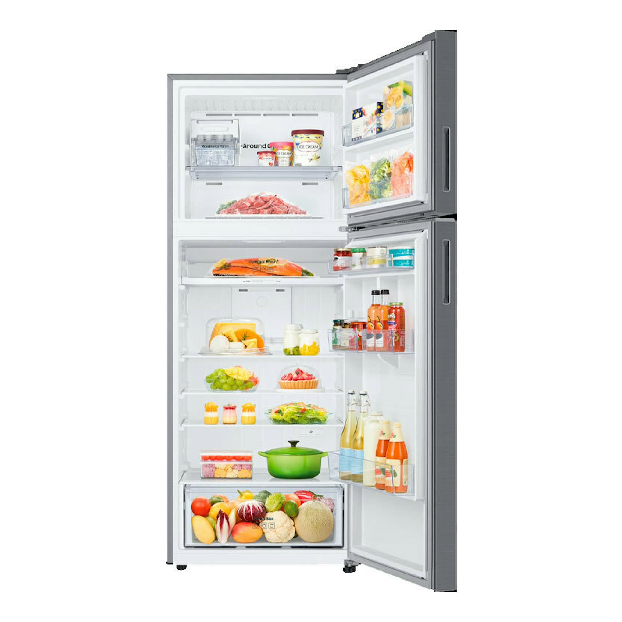 Frigorífico Samsung RT47CG6626S9ES inox, vista frontal con dos puertas abiertas y compartimentos visibles.