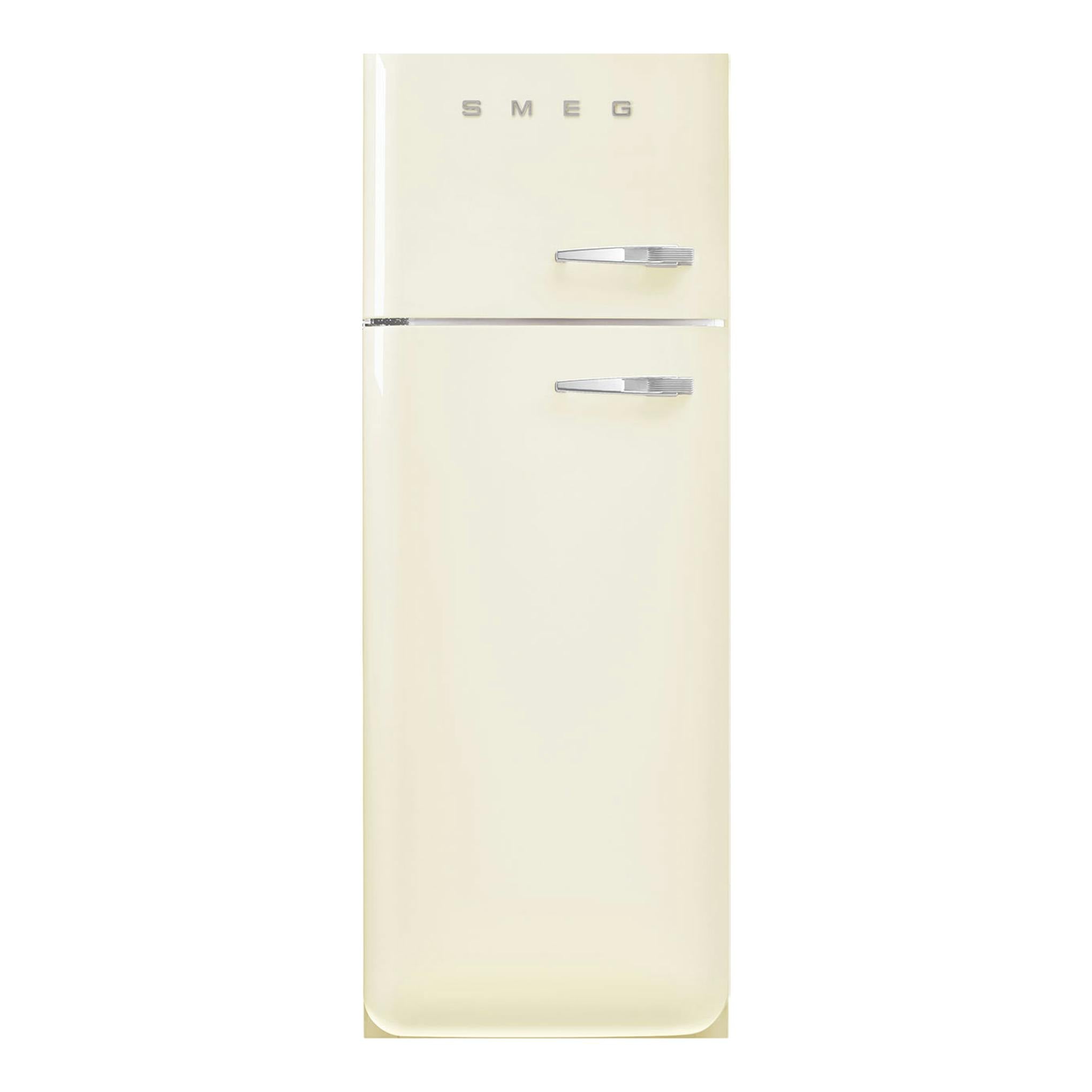 Frigorífico Smeg FAB30LCR6 crema de dos puertas, vista frontal, con tiradores cromados.
