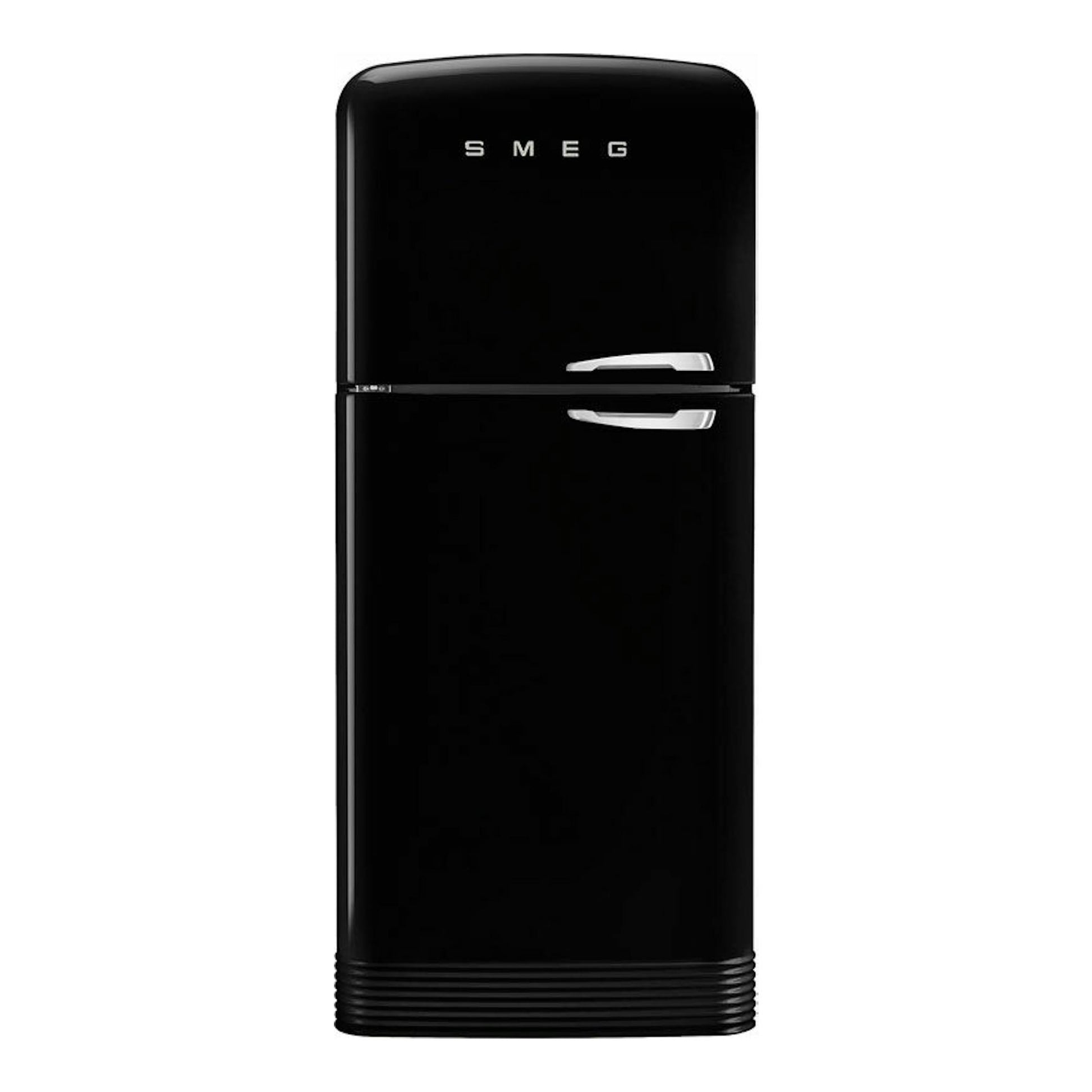 Frigorífico Smeg FAB50LBL5 negro, vista frontal, con dos puertas y tiradores plateados.