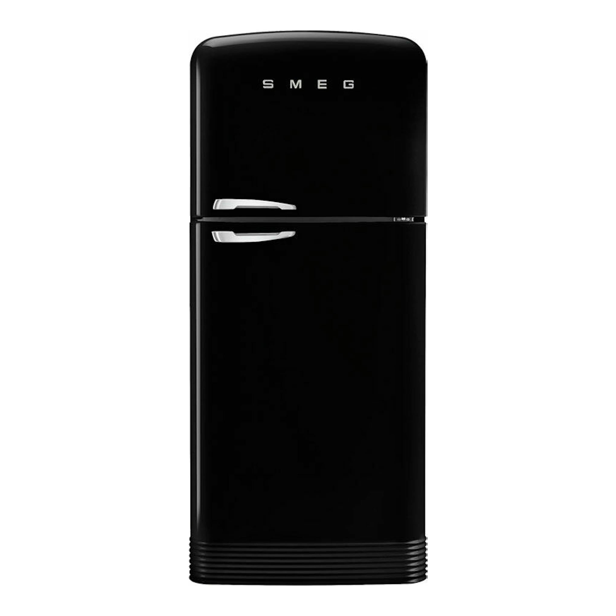 Frigorífico Smeg FAB50RBL5 negro, vista frontal de dos puertas con tiradores plateados.