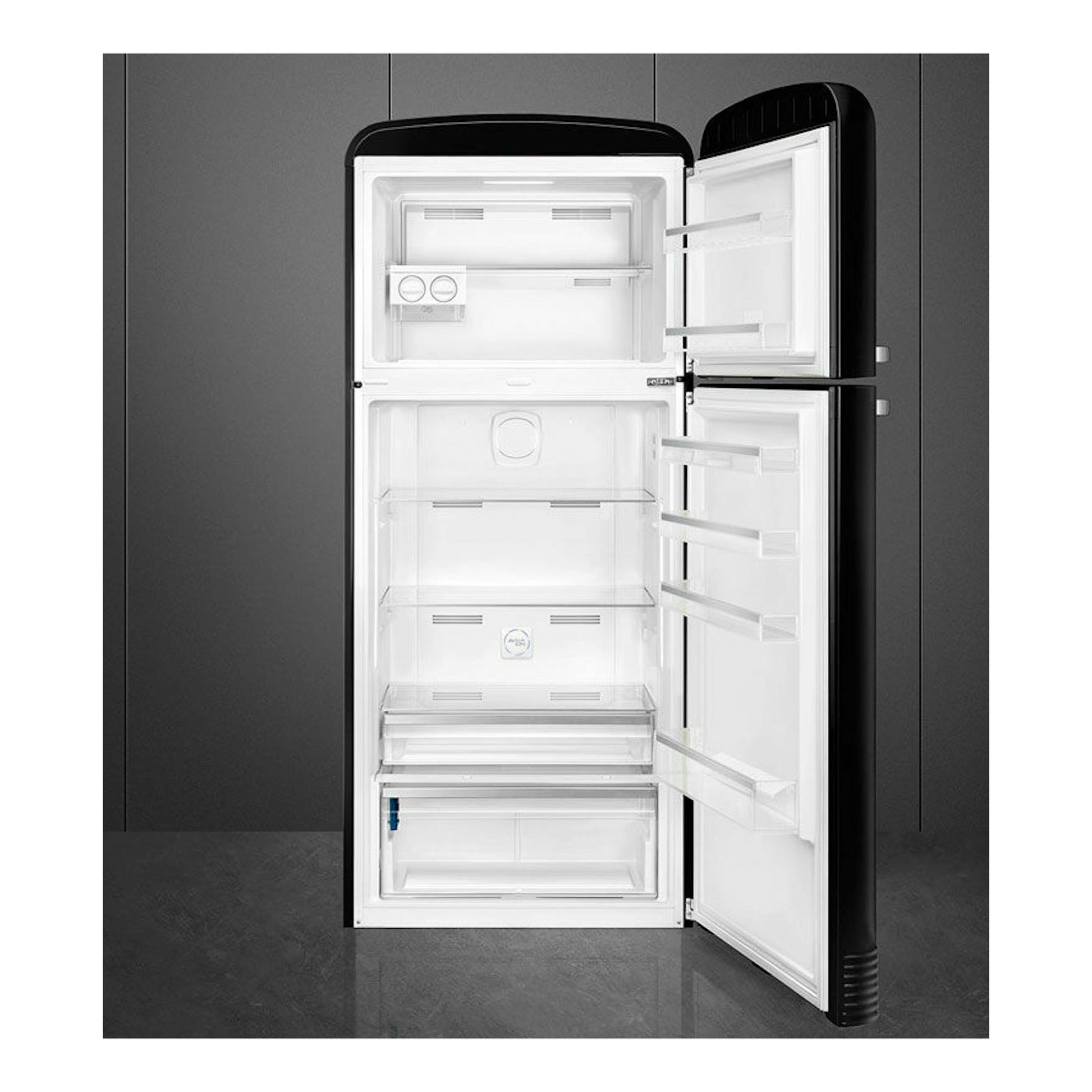Frigorífico Smeg FAB50RBL5 negro de dos puertas, vista frontal con puertas abiertas e interior blanco.