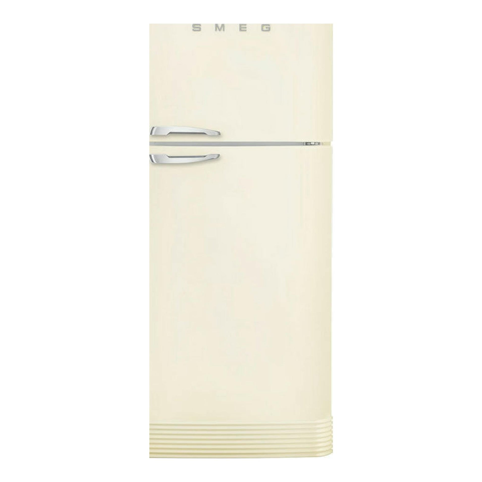 Frigorífico Smeg FAB50RCR5 crema, vista frontal, dos puertas y tiradores cromados.