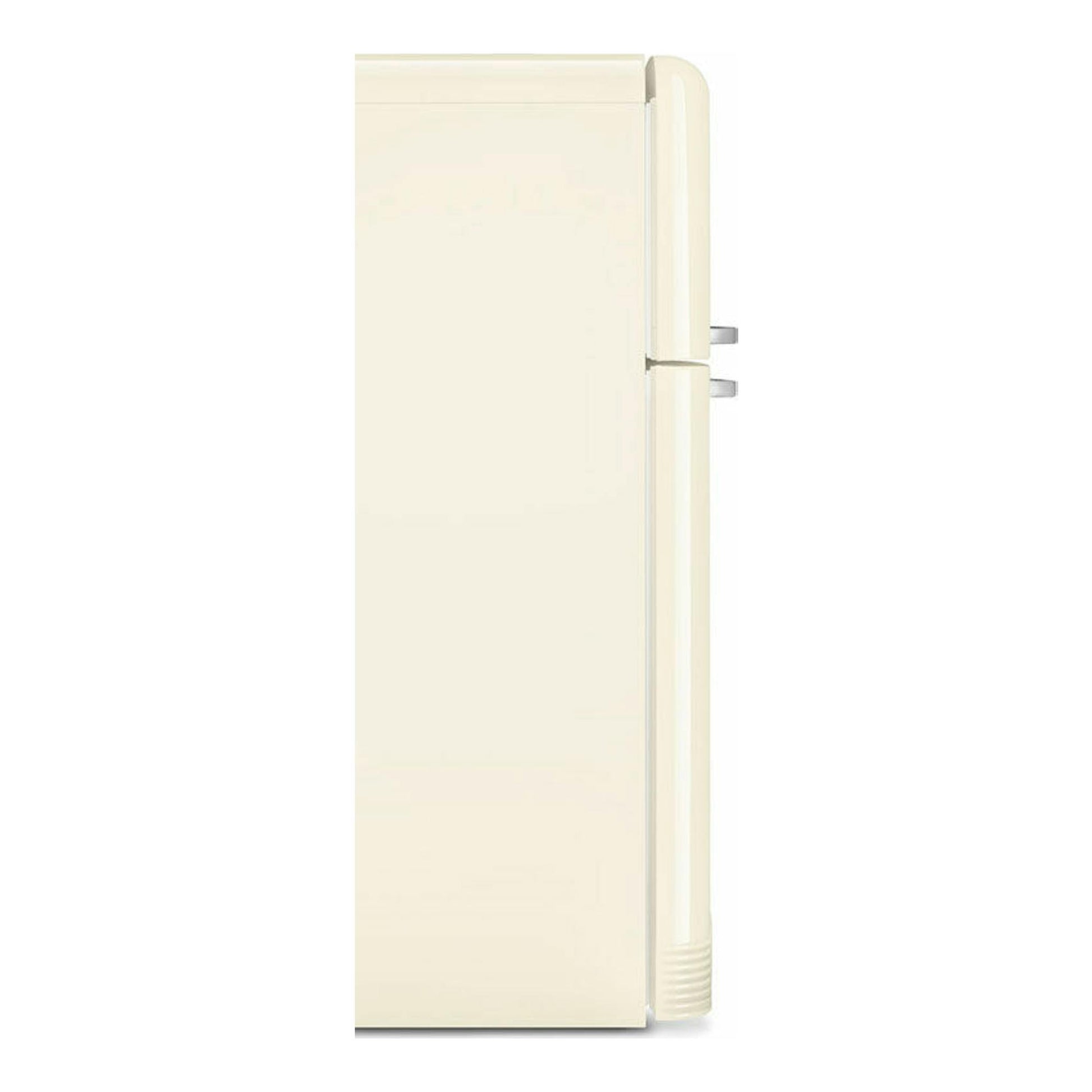 Frigorífico Smeg FAB50RCR5 crema, vista frontal lateral de dos puertas, estilo retro.