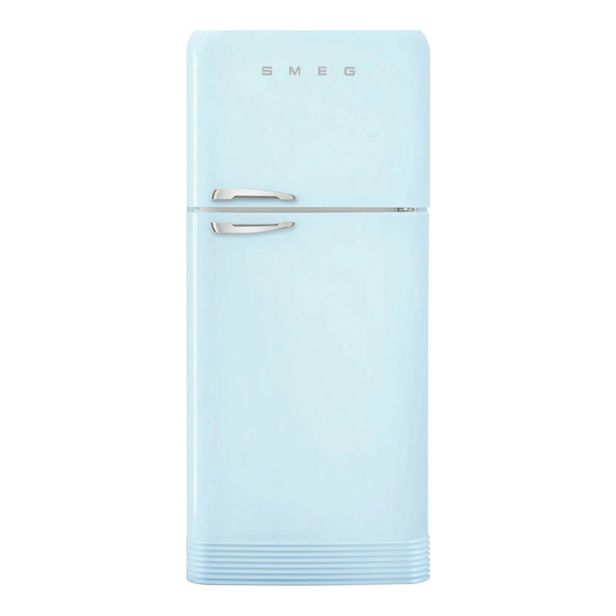 Frigorífico Smeg FAB50RPB5 azul claro, vista frontal, dos puertas y tiradores metálicos.