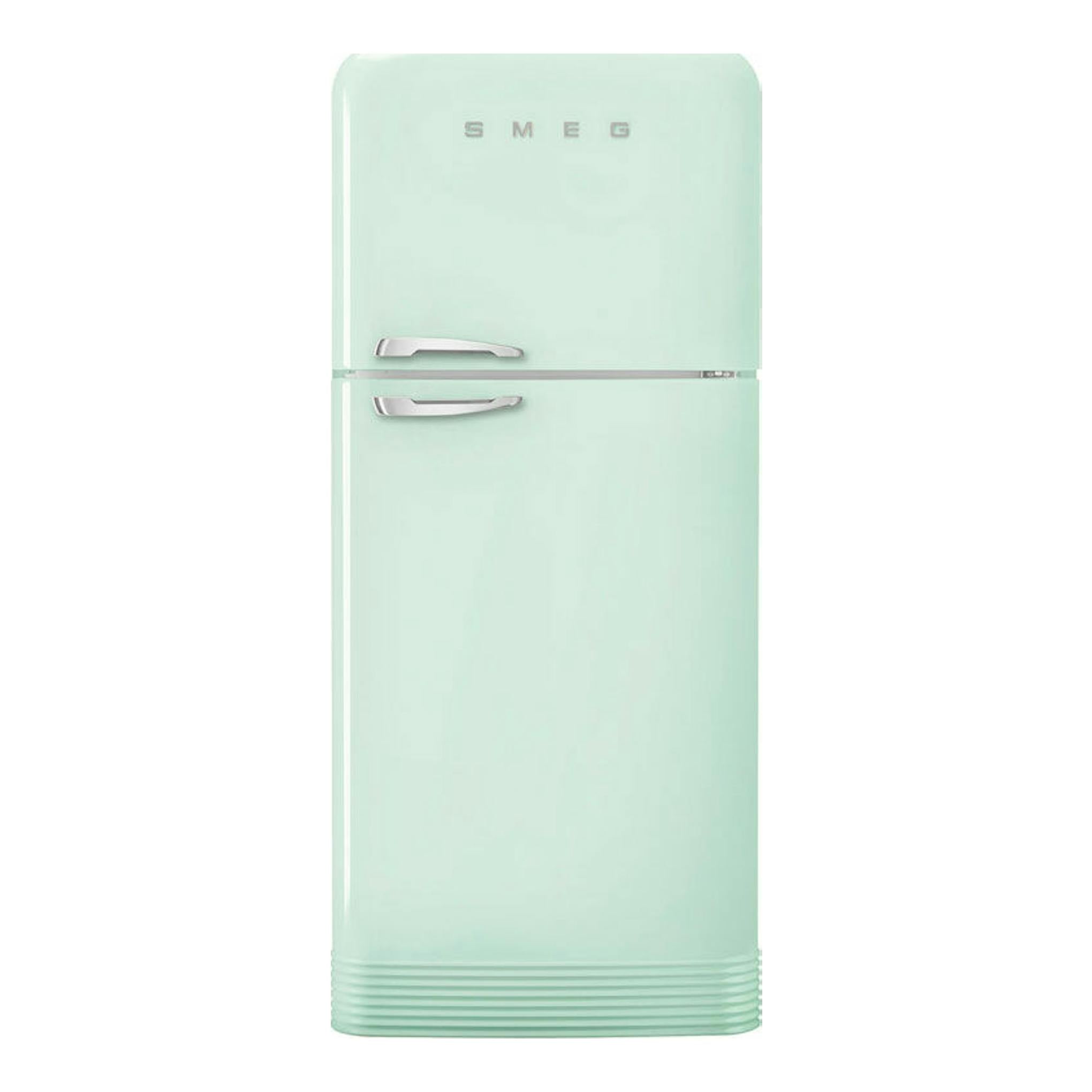 Frigorífico Smeg FAB50RPG5 verde agua, vista frontal, de dos puertas con tiradores metálicos.