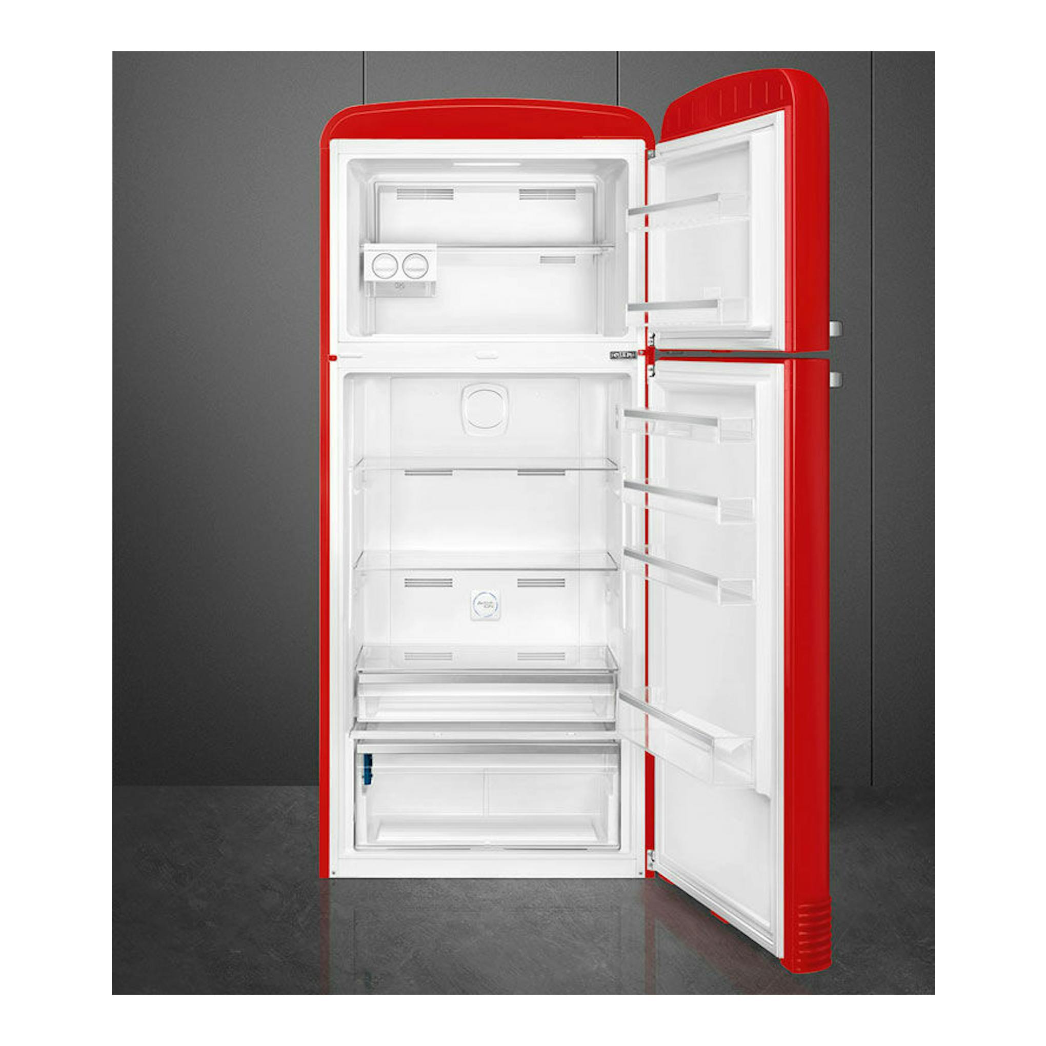 Frigorífico Smeg FAB50RRD5 rojo, vista frontal, con dos puertas abiertas e interior blanco visible.