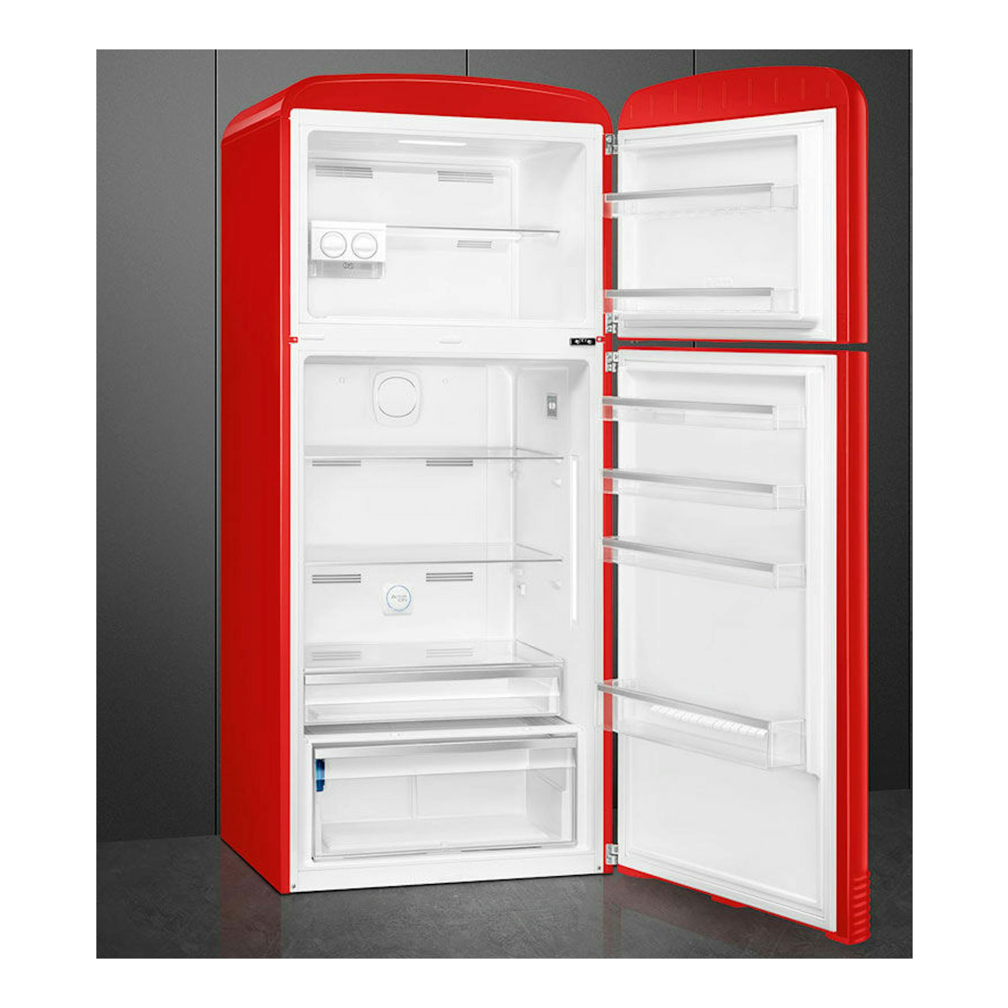 Frigorífico Smeg FAB50RRD5 rojo, vista frontal con dos puertas abiertas e interior blanco.
