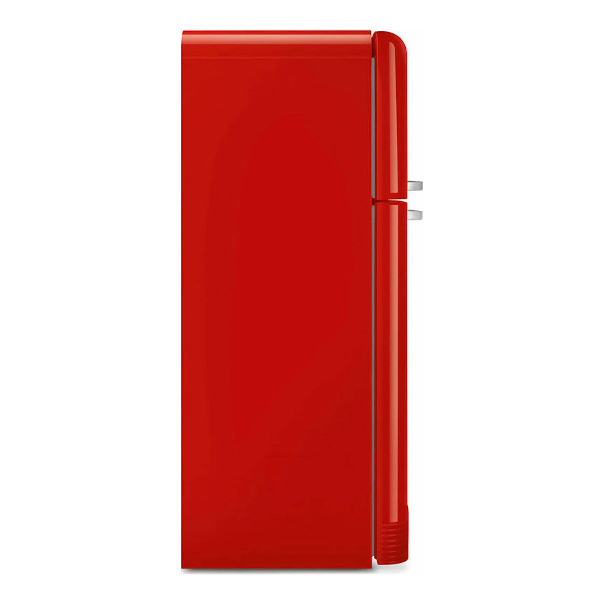 Frigorífico Smeg FAB50RRD5 rojo, vista lateral, con dos puertas y tiradores verticales.