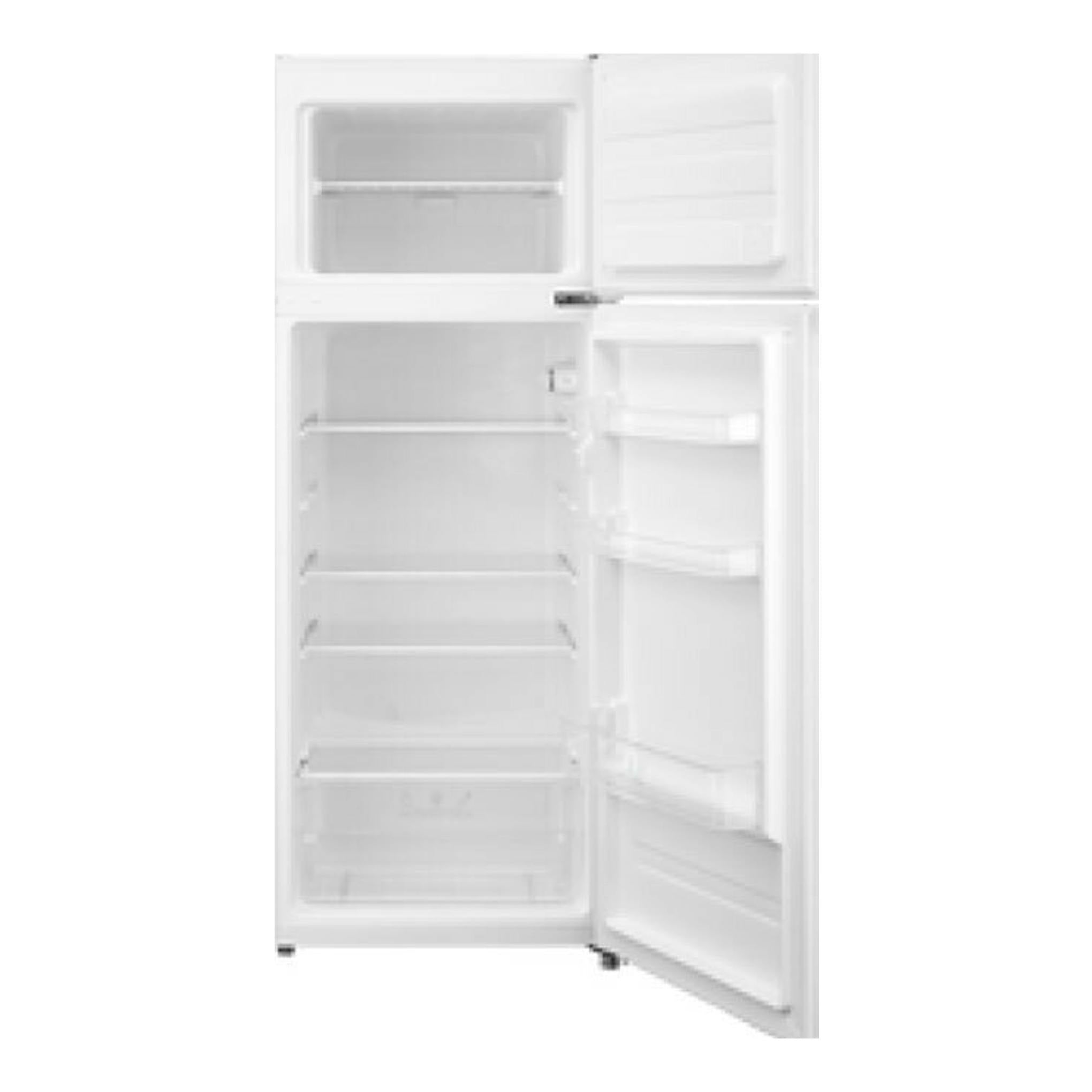 Frigorífico Teka RTF2510 blanco, vista frontal con las dos puertas abiertas y compartimentos interiores visibles.