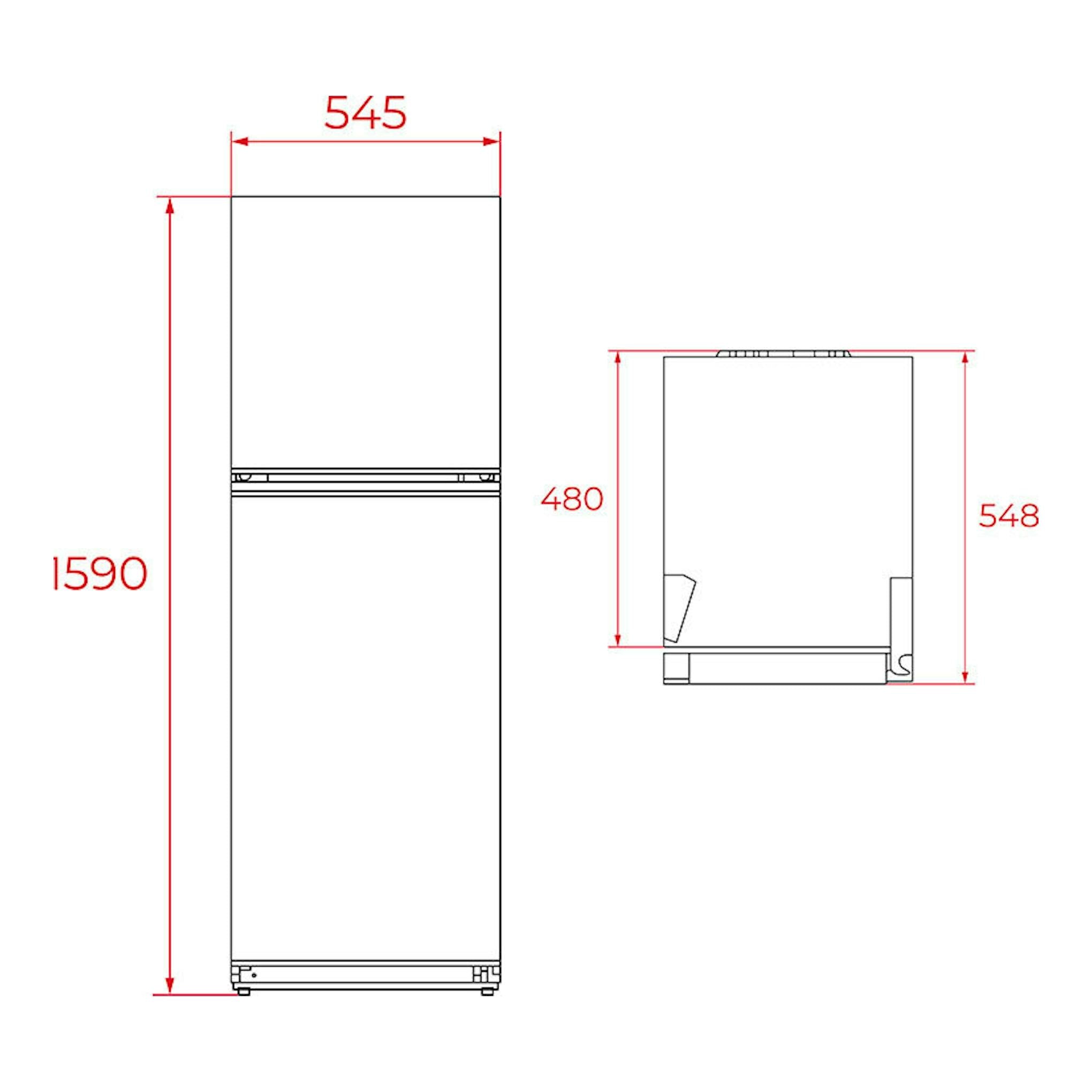 Frigorífico Teka RTF3210 blanco, dibujo técnico frontal y lateral con medidas 1590x545x548 mm.