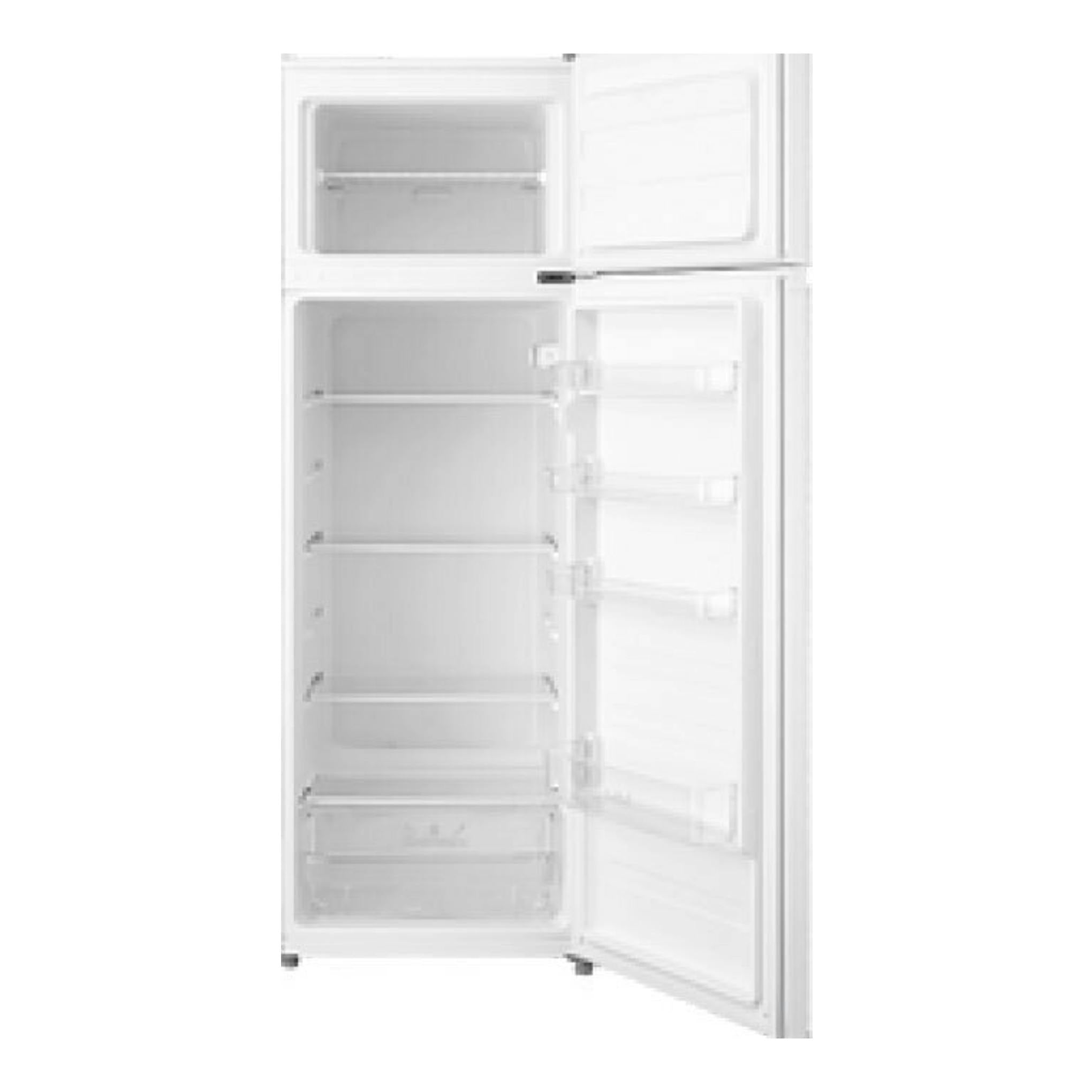 Frigorífico Teka RTF3210 blanco de dos puertas, vista frontal con puertas abiertas y compartimentos interiores.