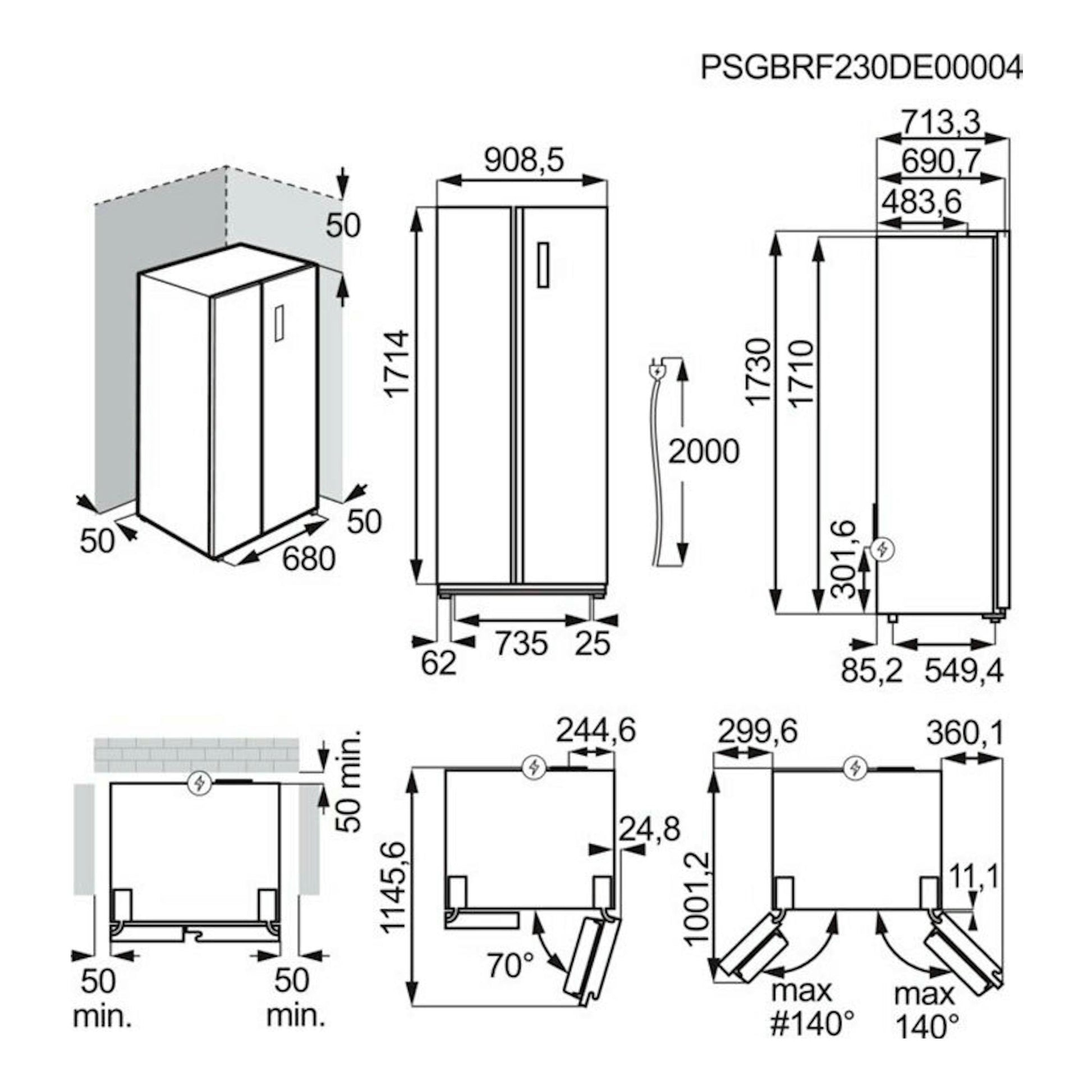 AEG ORX9V351DU inox: plano técnico con vistas frontal y lateral de frigorífico americano y medidas.