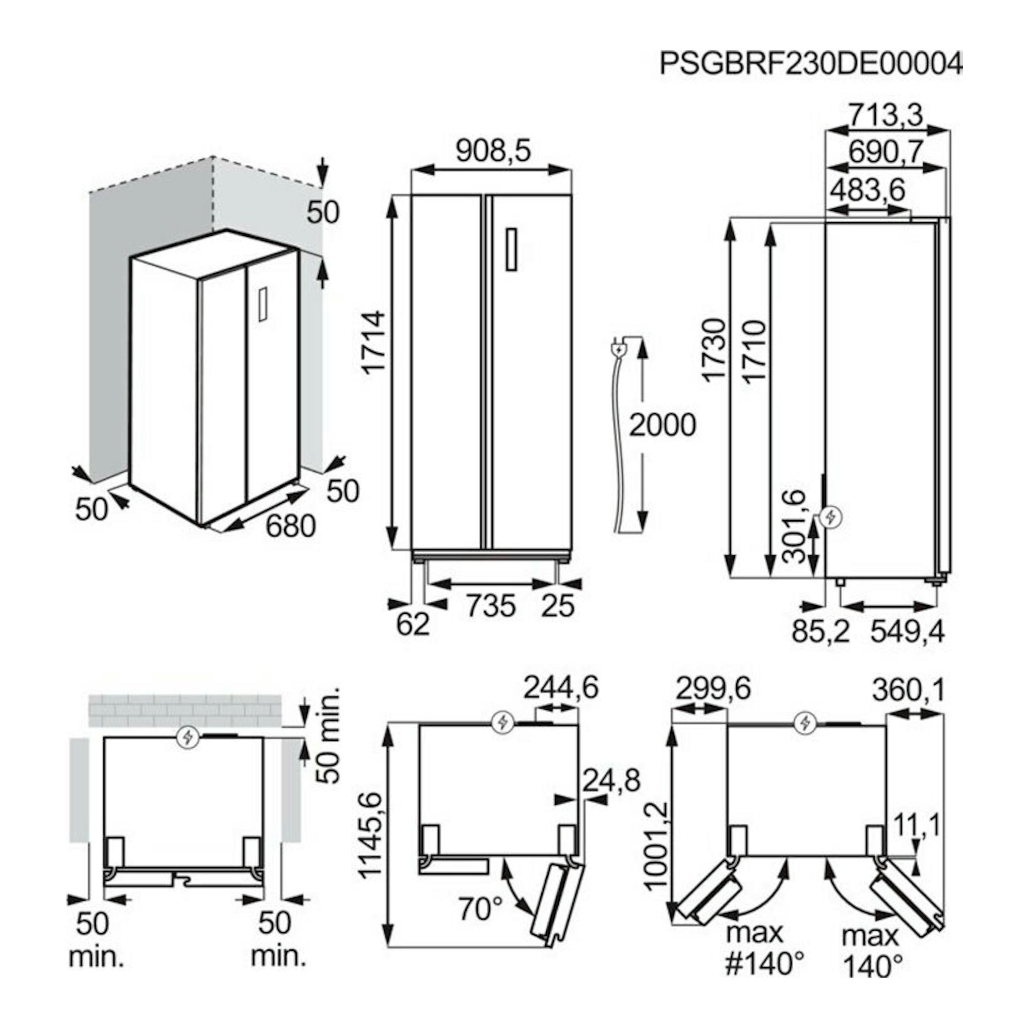 AEG ORX9V351DU inox: plano técnico con vistas frontal y lateral de frigorífico americano y medidas.