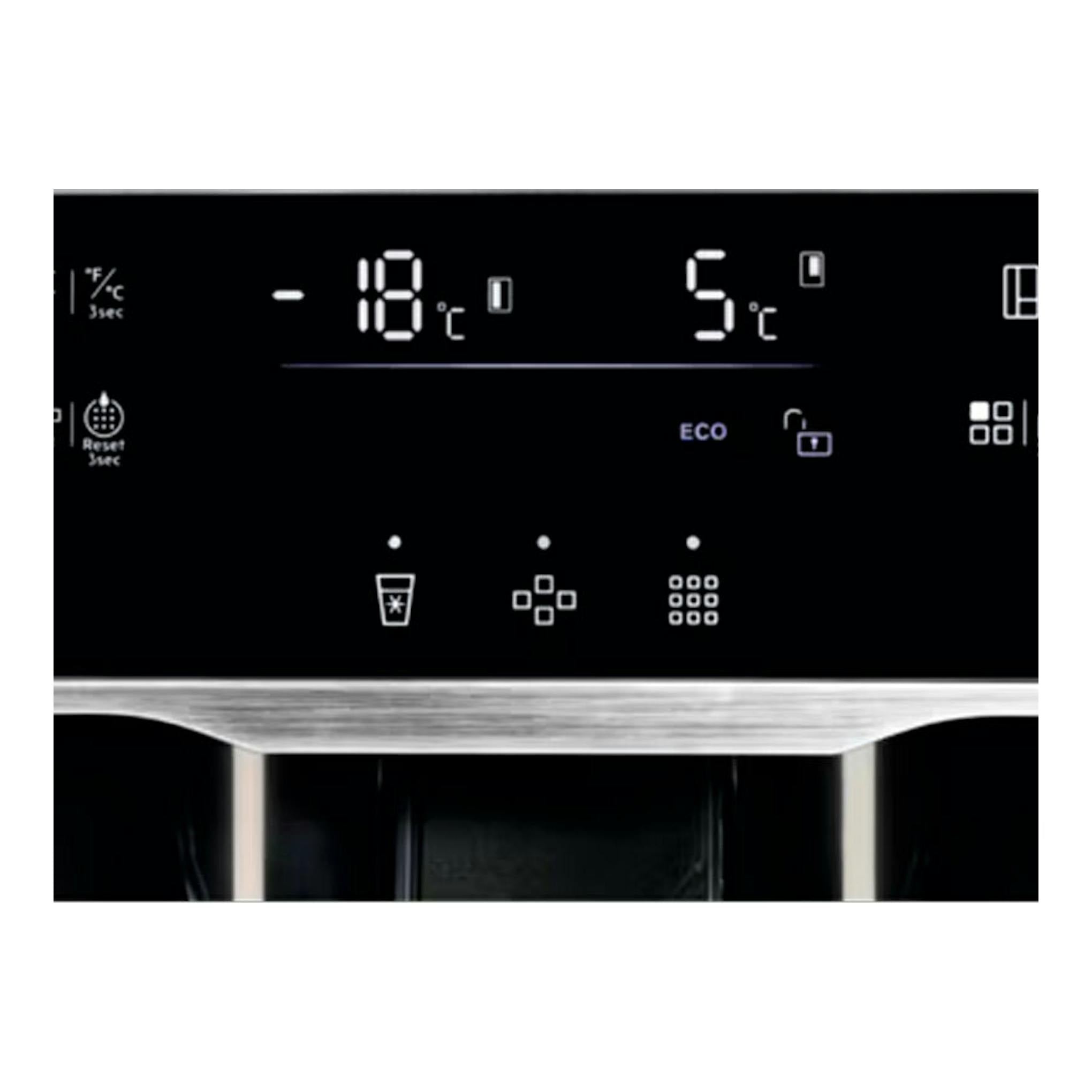 Frigorífico americano AEG ORX9V351DU inox, vista frontal parcial del panel táctil con -18 °C y 5 °C.