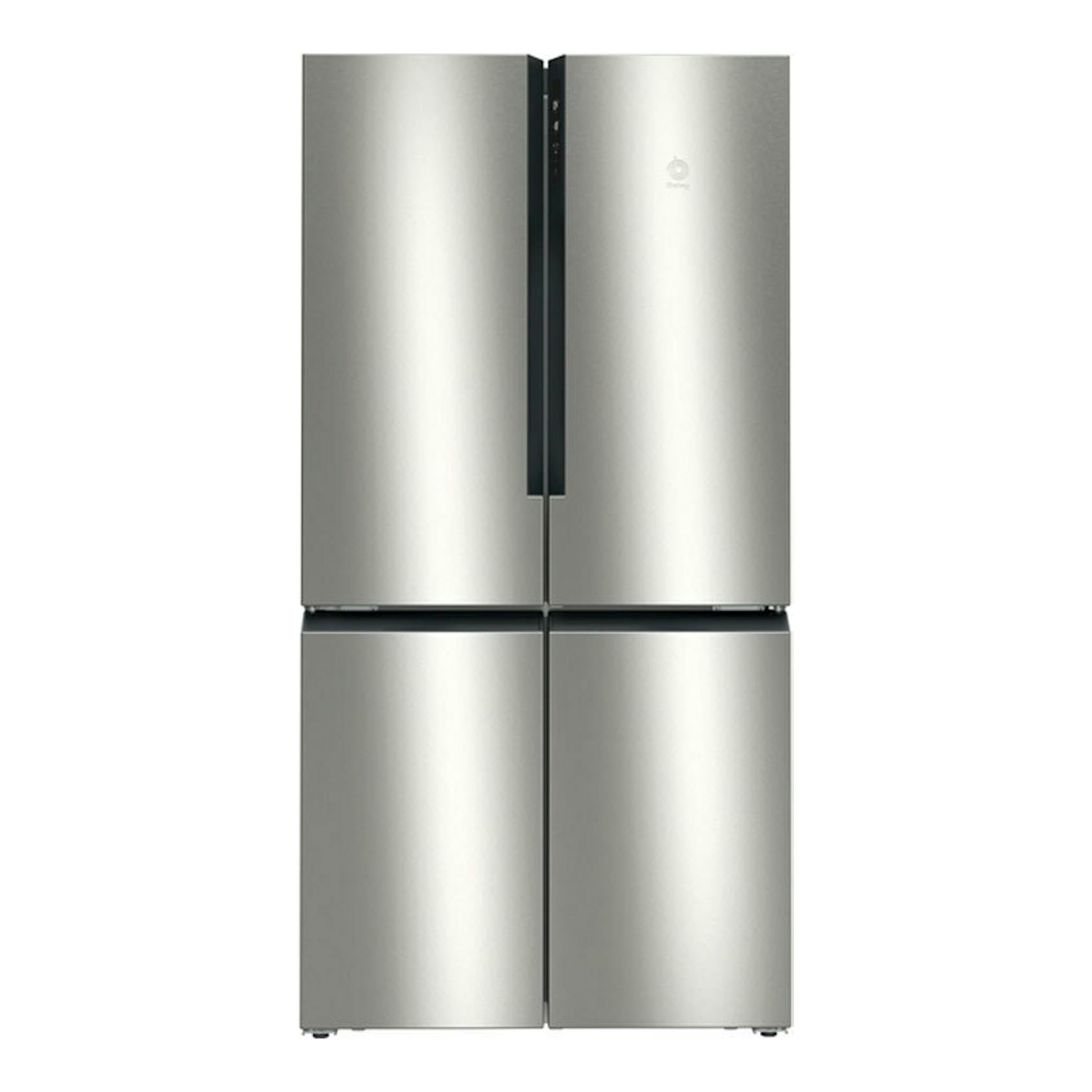 Frigorífico americano Balay 3KME592XI inox, vista frontal, multipuerta de cuatro hojas.