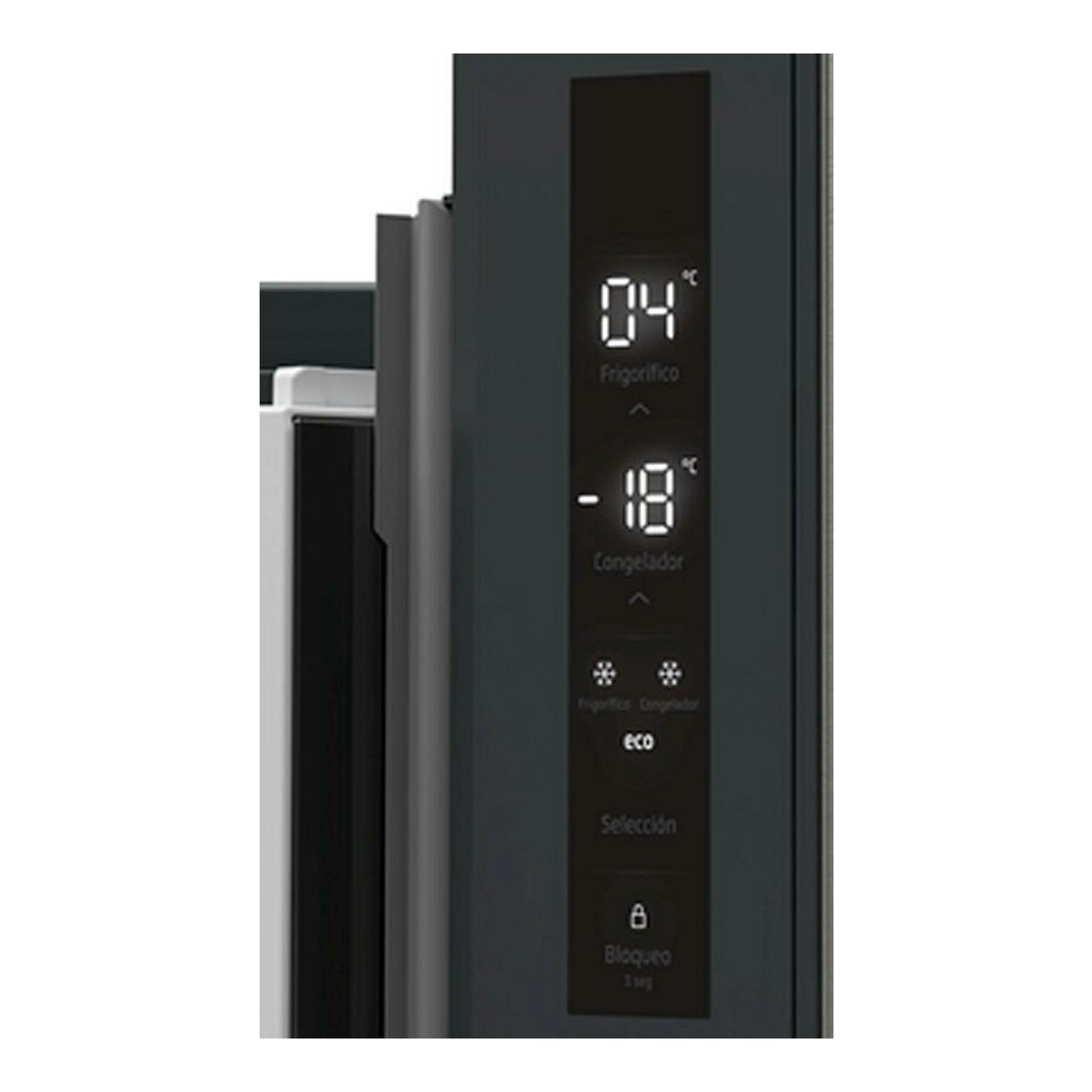 Primer plano del panel táctil de un frigorífico Balay 3KME592XI en inox, con 4 °C y -18 °C.