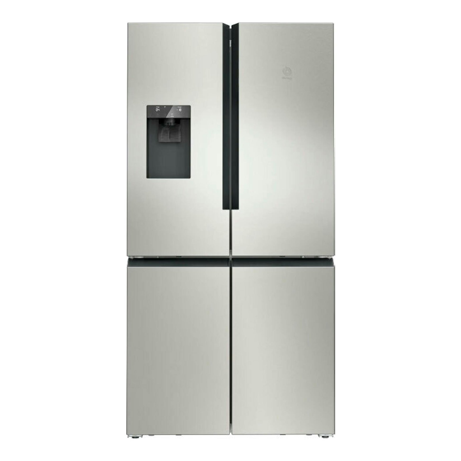 Frigorífico americano Balay 3KME598XI inox, vista frontal, con dispensador en la puerta izquierda.