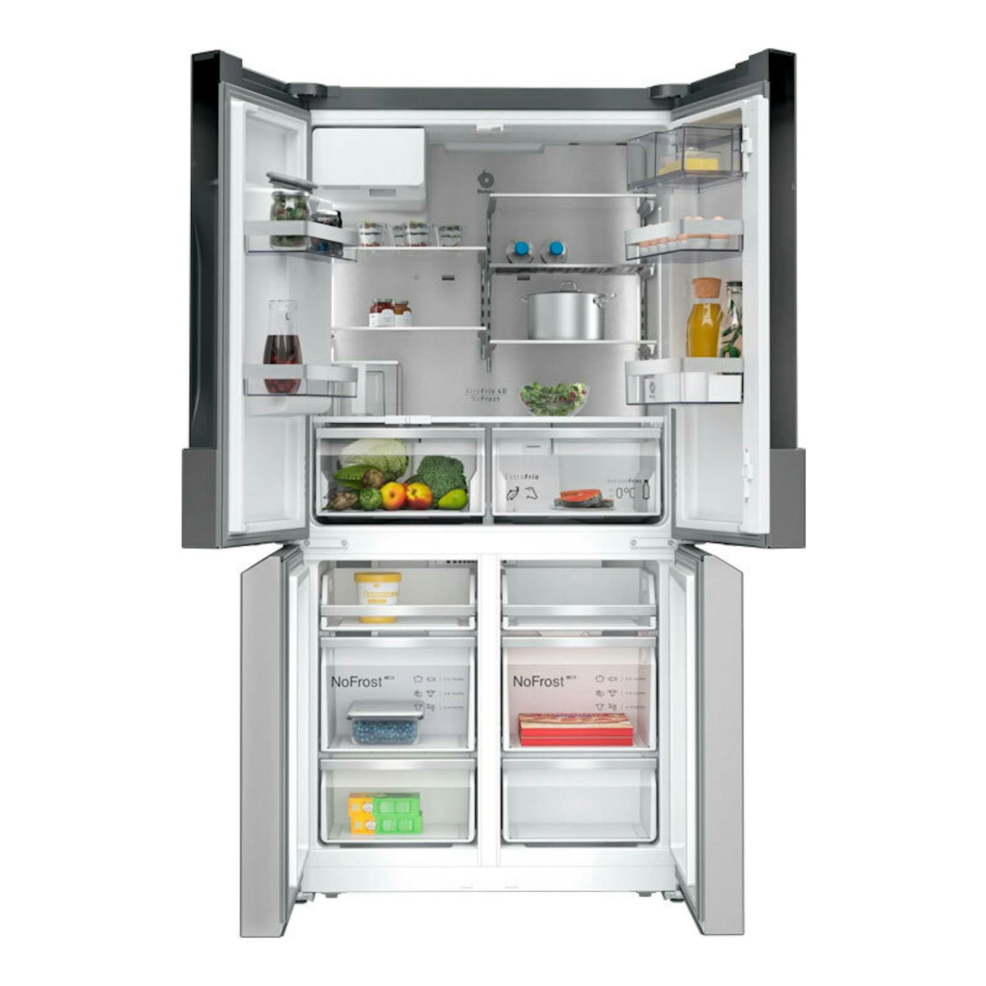 Frigorífico americano Balay 3KME598XI inox, con las puertas abiertas y compartimentos interiores visibles.