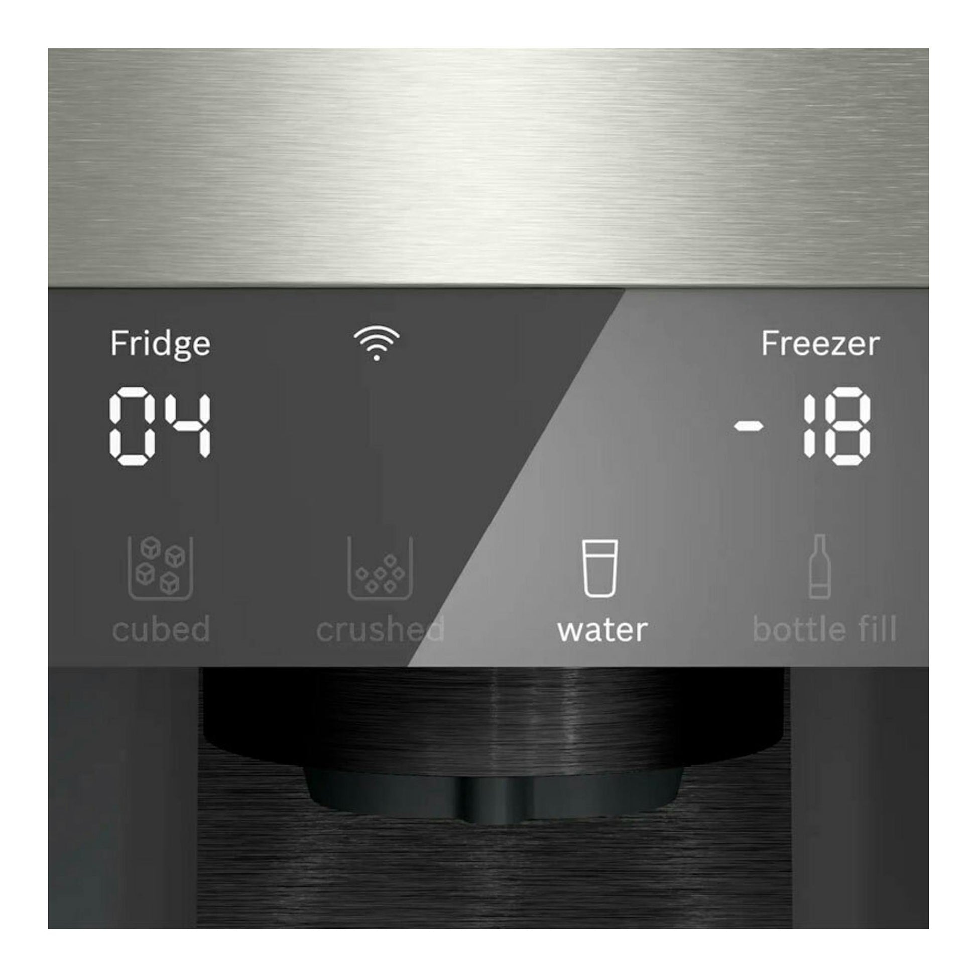 Balay 3KME598XI Inox: primer plano del panel frontal de frigorífico americano, con 04°C, -18°C y modo agua.