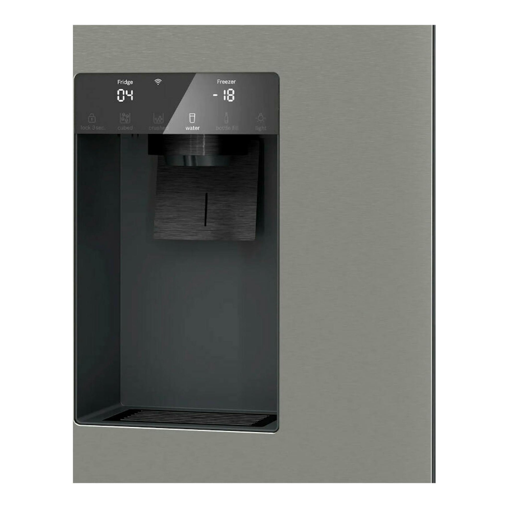 Frigorífico americano Balay 3KME598XI inox, vista frontal del dispensador de agua y hielo con panel digital.