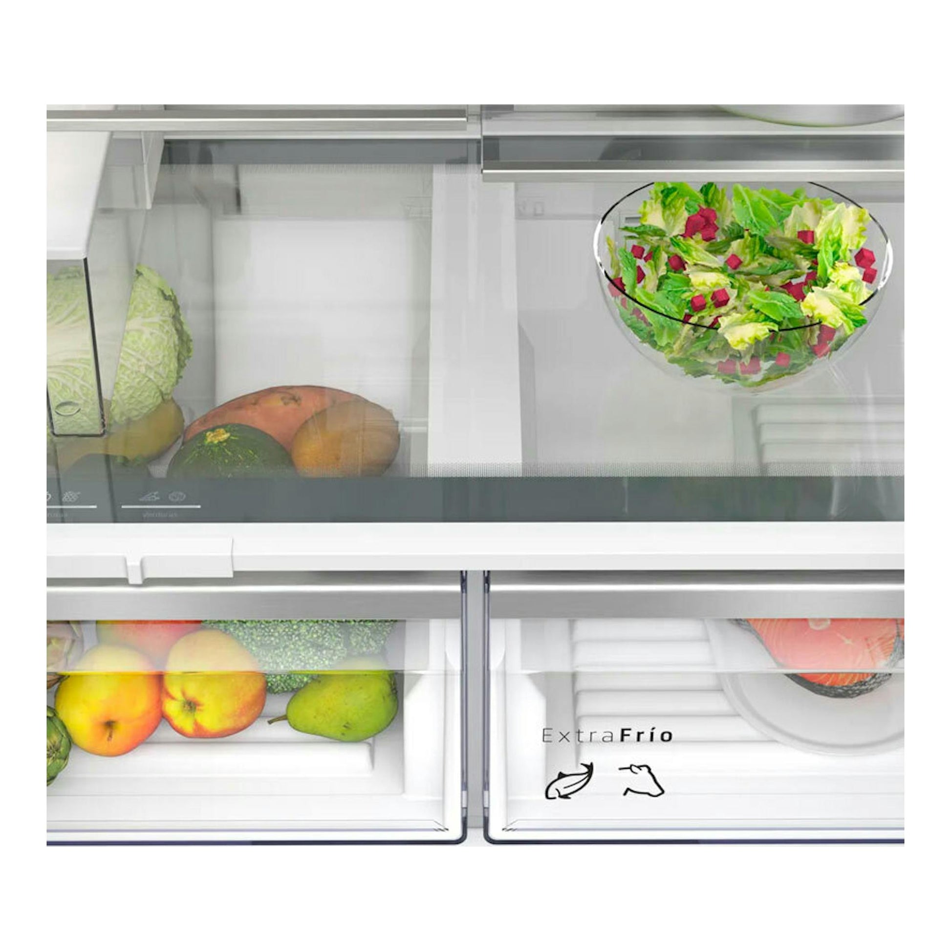 Frigorífico americano Balay 3KME598XI inox, vista frontal con puertas abiertas e interior con frutas y verduras.