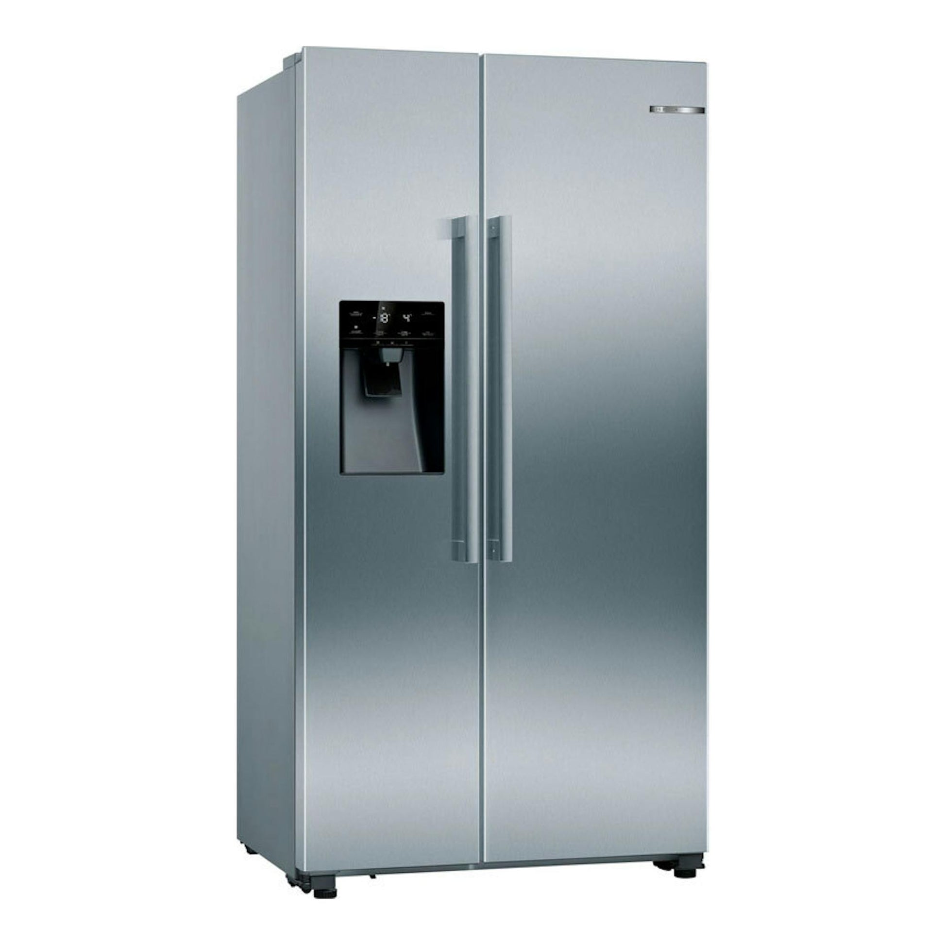 Frigorífico americano Bosch KAD93AIDP inox, vista frontal, puertas dobles y dispensador de agua/hielo.