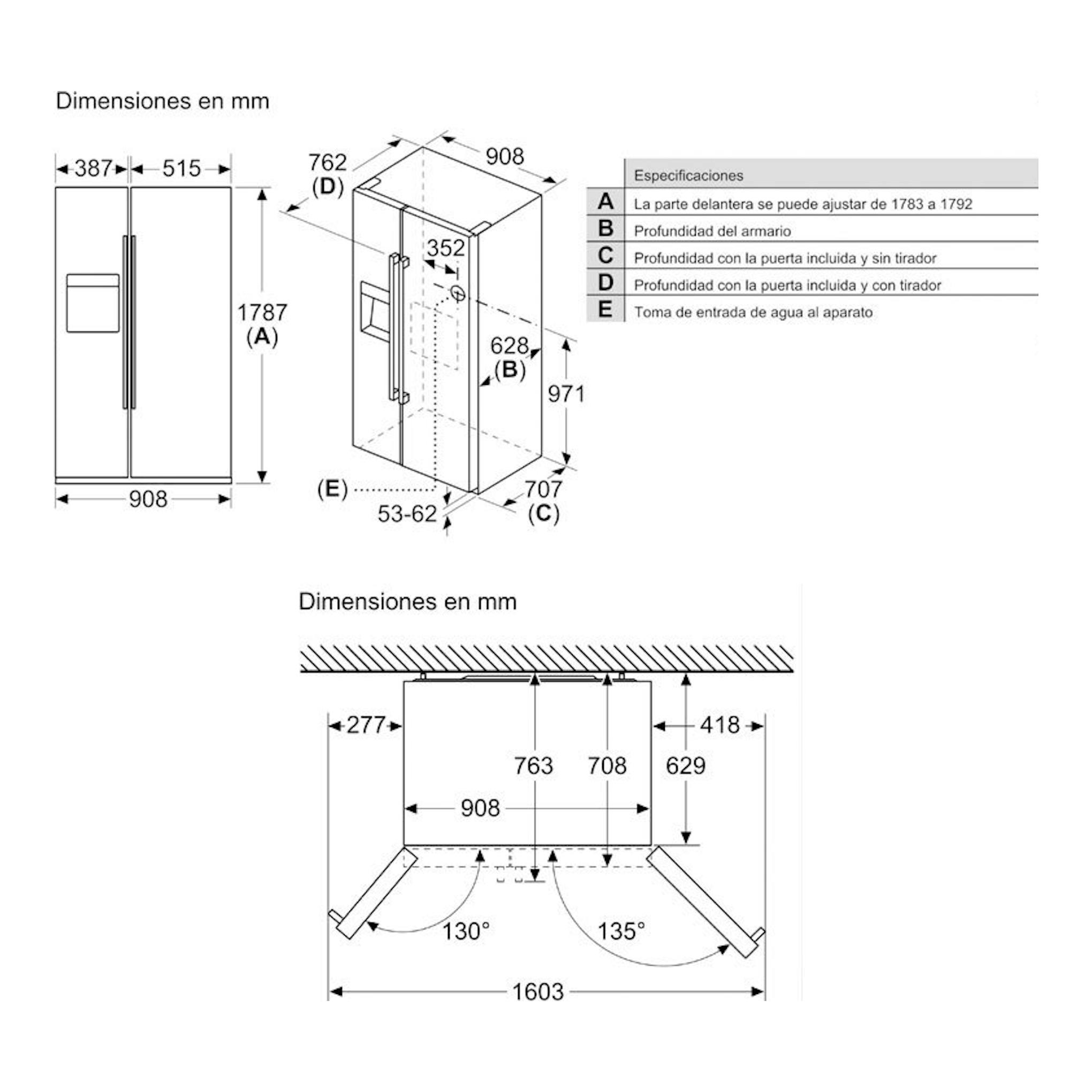 Bosch KAD93AIDP inox, esquema técnico con vistas frontal y lateral y medidas en mm de un frigorífico americano.