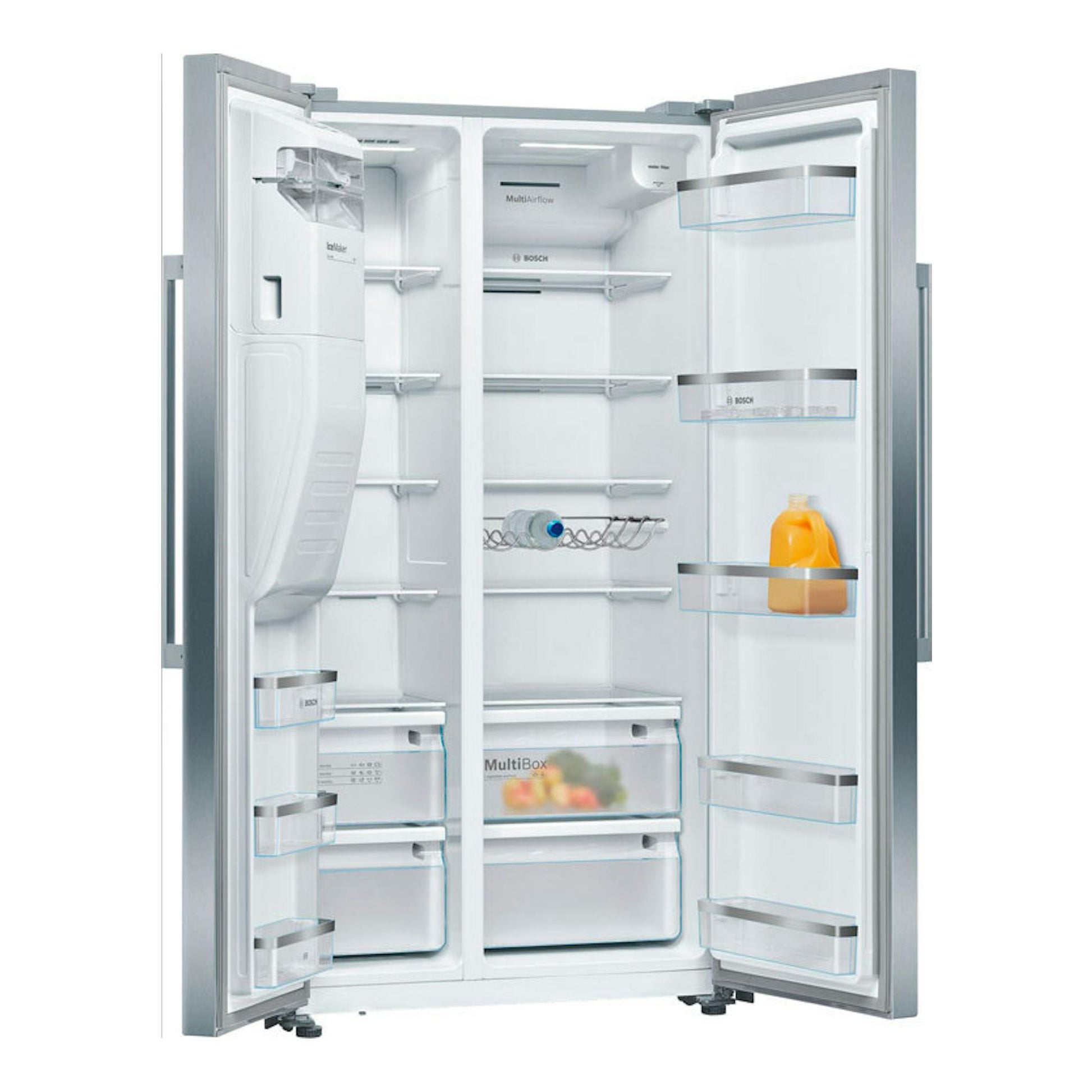 Frigorífico americano Bosch KAD93AIDP inox, puertas abiertas en vista frontal, interior blanco con estantes y cajones.