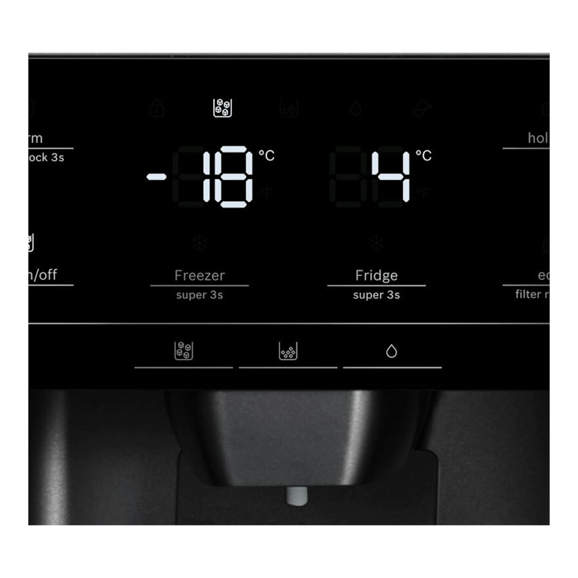 Bosch KAD93AIDP, panel de control negro de frigorífico americano con temperaturas -18 °C y 4 °C.