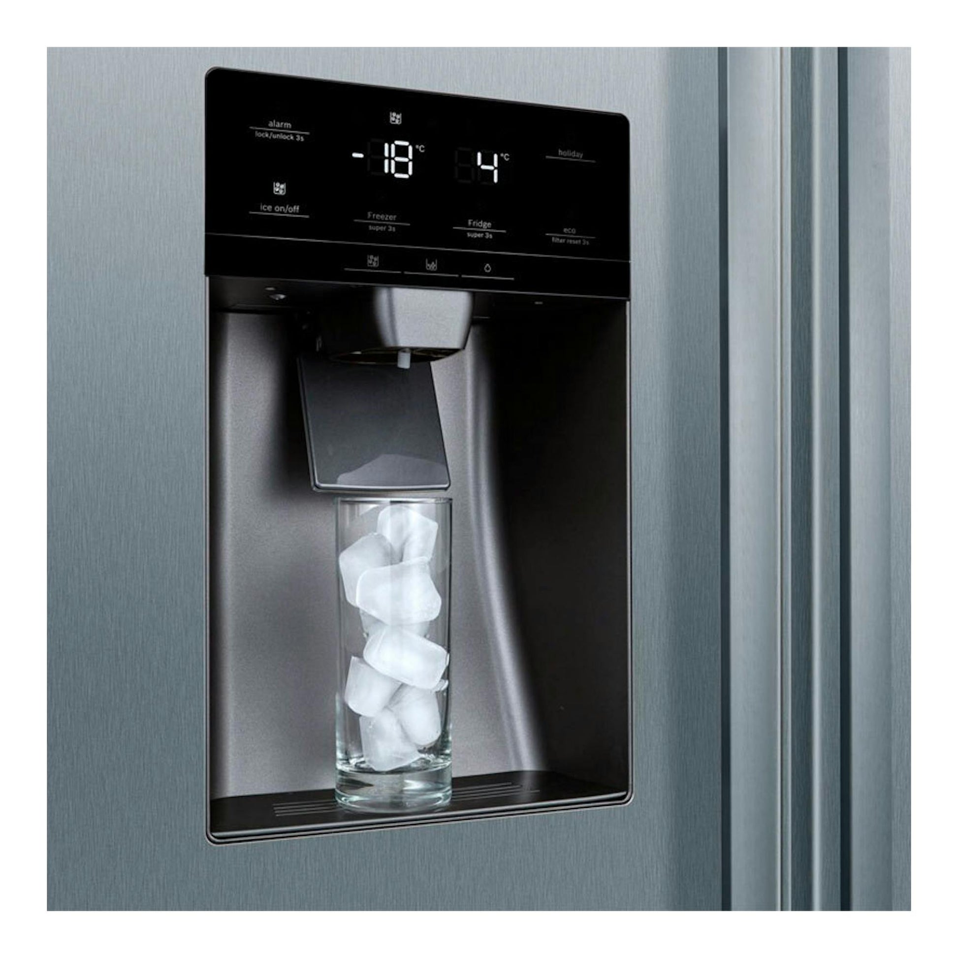 Frigorífico americano Bosch KAD93AIDP inox, vista frontal, con dispensador de hielo y vaso con cubitos.